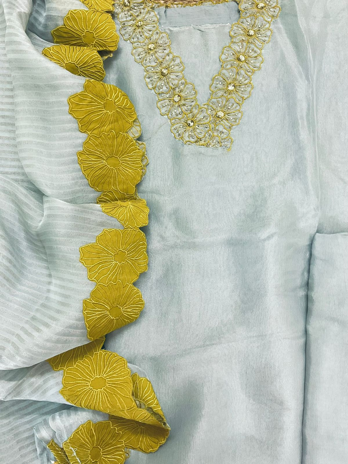 Pure Shimmer Silk Embroidered Suit - Blue