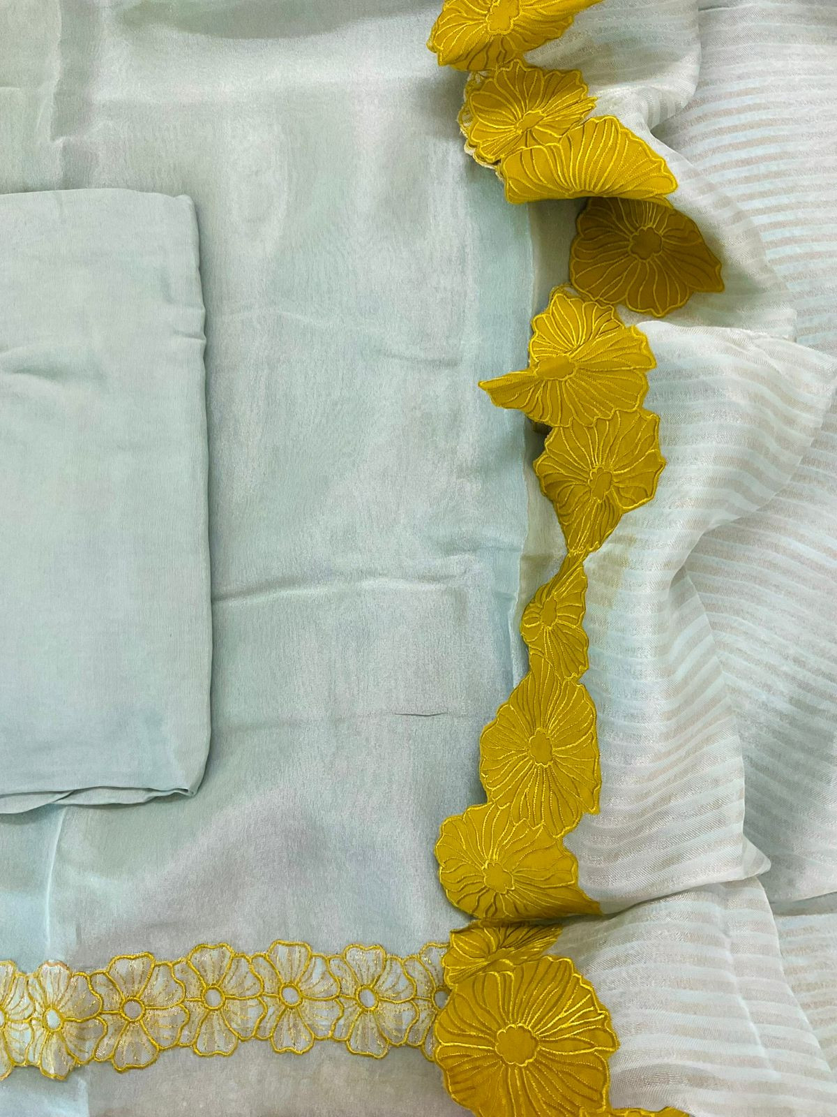 Pure Shimmer Silk Embroidered Suit - Blue