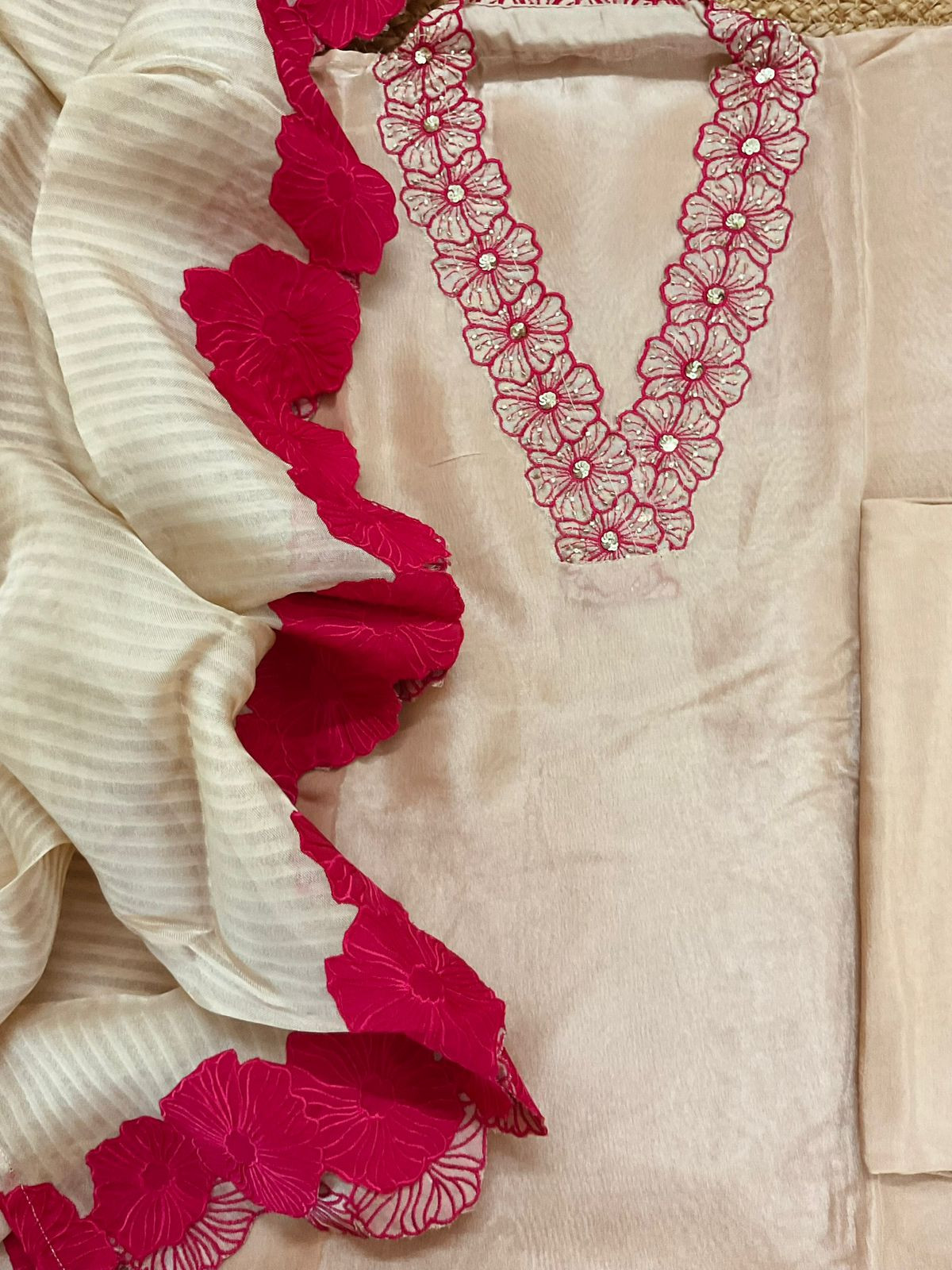 Pure Shimmer Silk Embroidered Suit - Beige