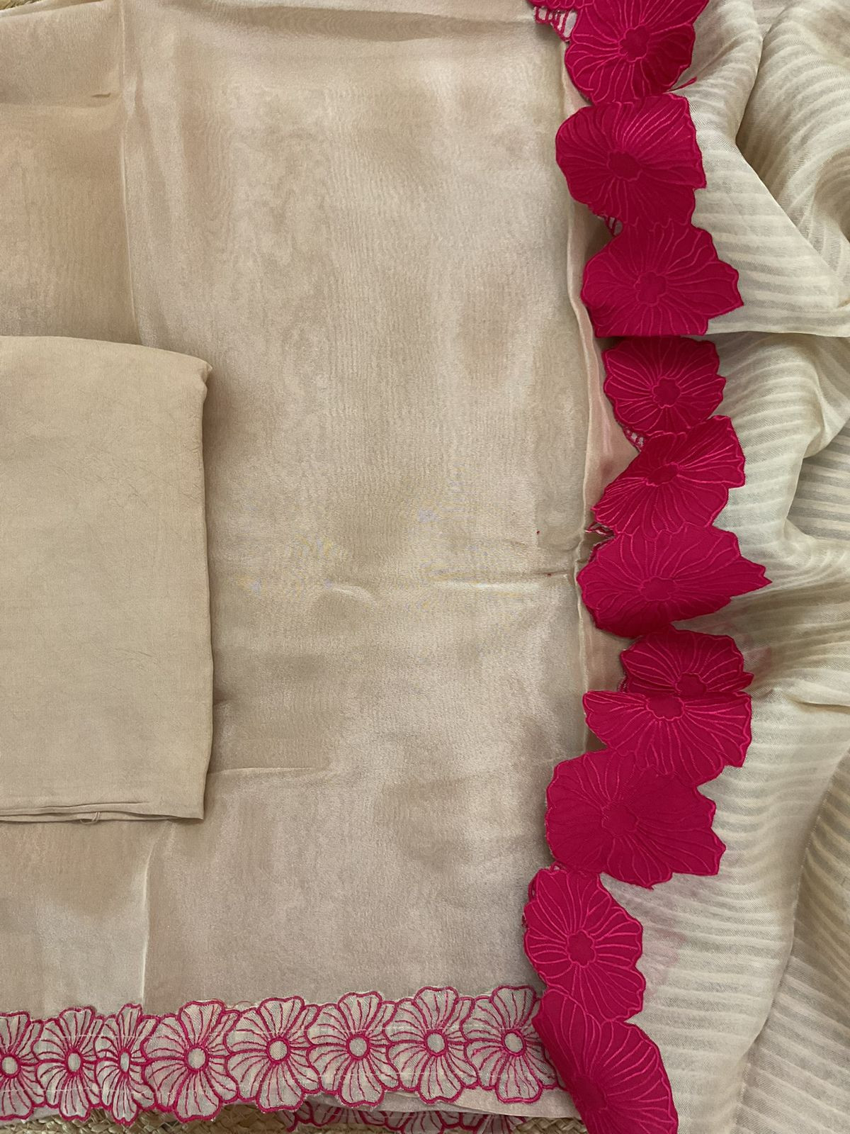 Pure Shimmer Silk Embroidered Suit - Beige