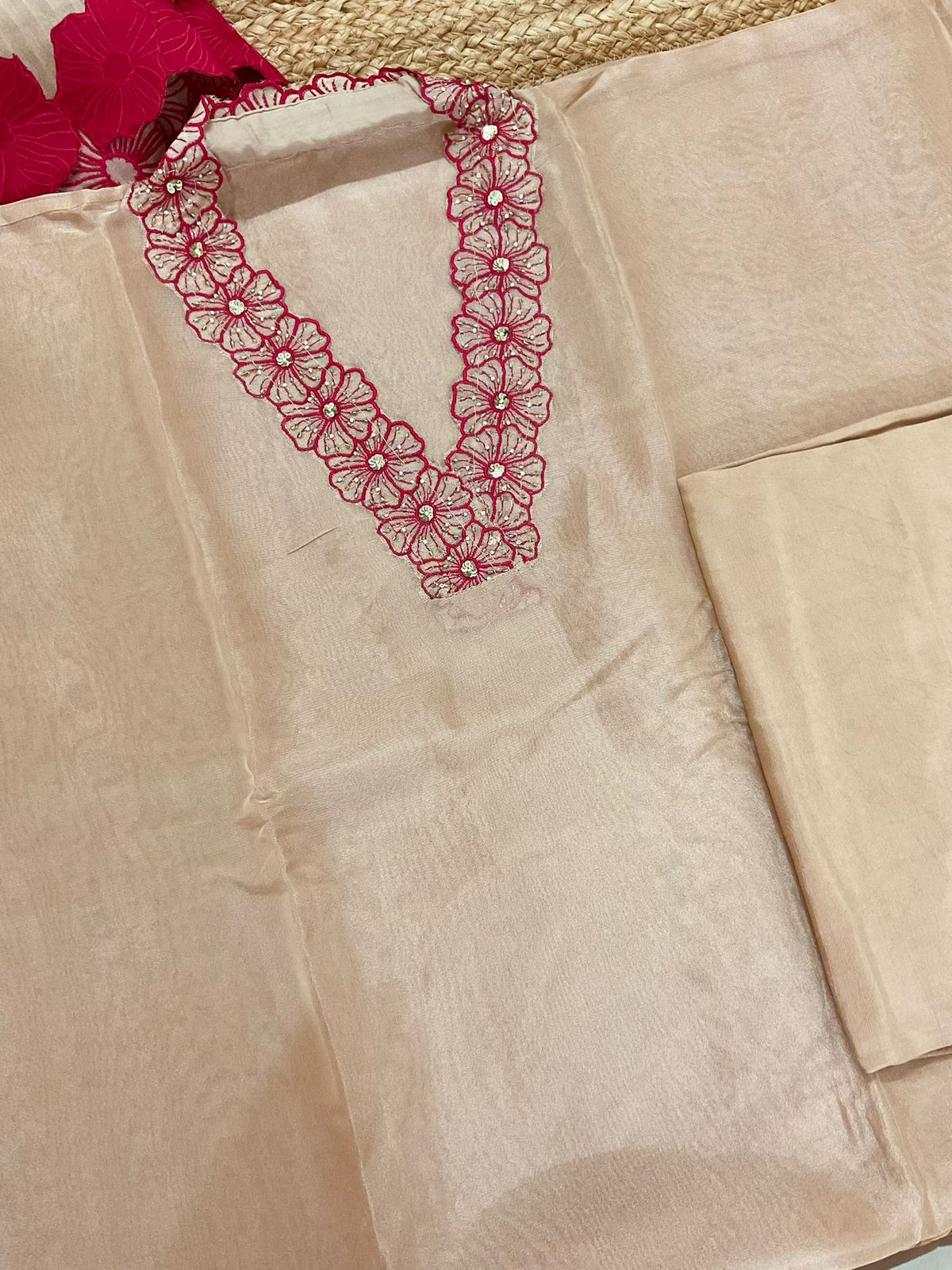 Pure Shimmer Silk Embroidered Suit - Beige