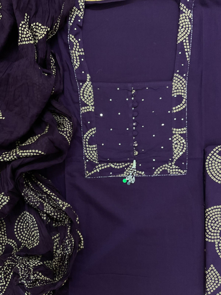 Image of Pure Cotton Printed Embroidered Suit - Purple