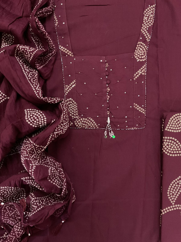 Image of Pure Cotton Printed Embroidered Suit - Wine
