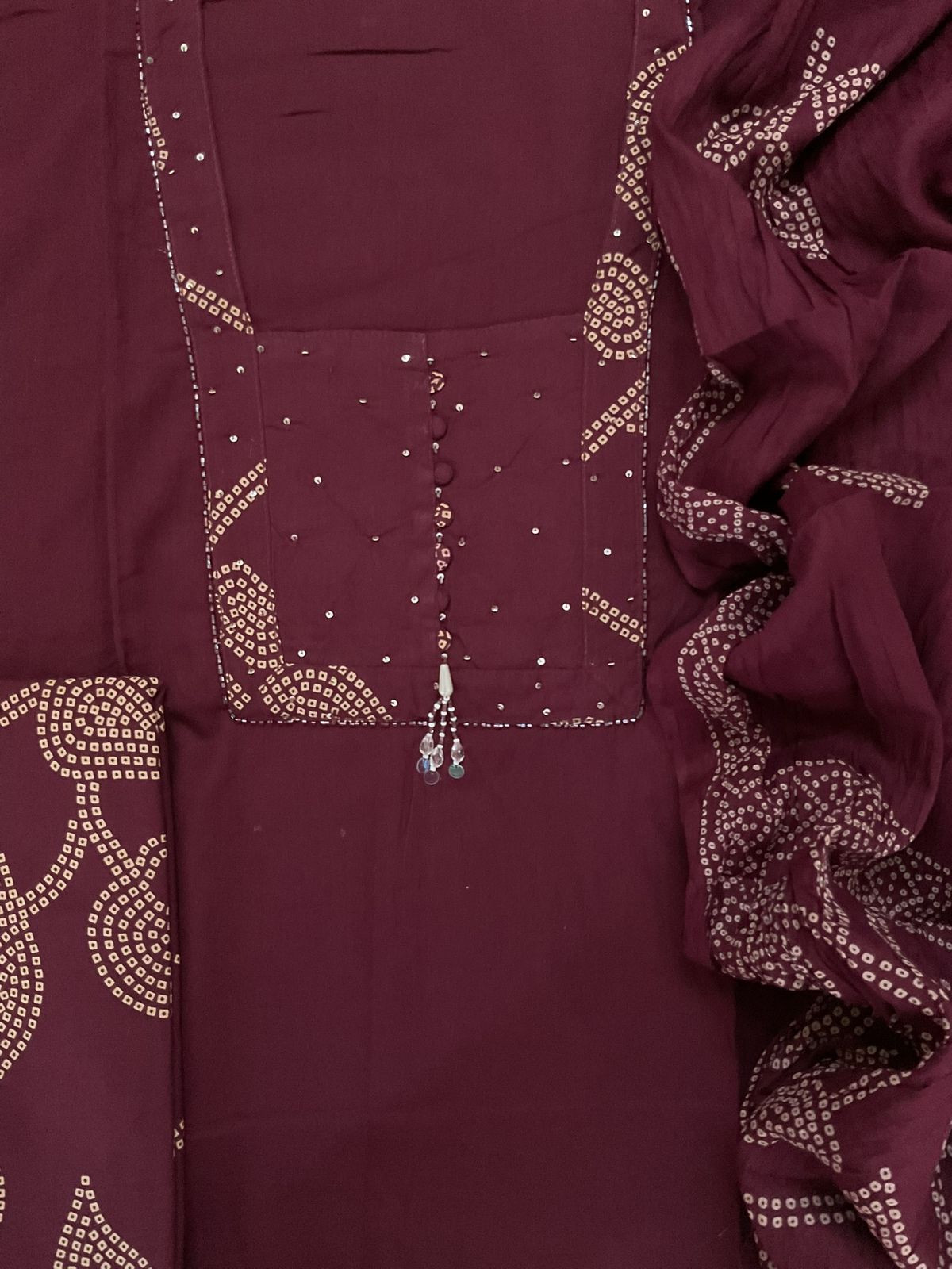 Pure Cotton Printed Embroidered Suit - Wine