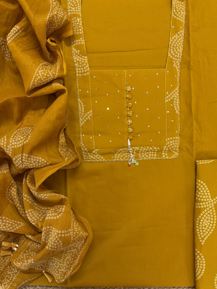 Image of Pure Cotton Printed Embroidered Suit - Yellow