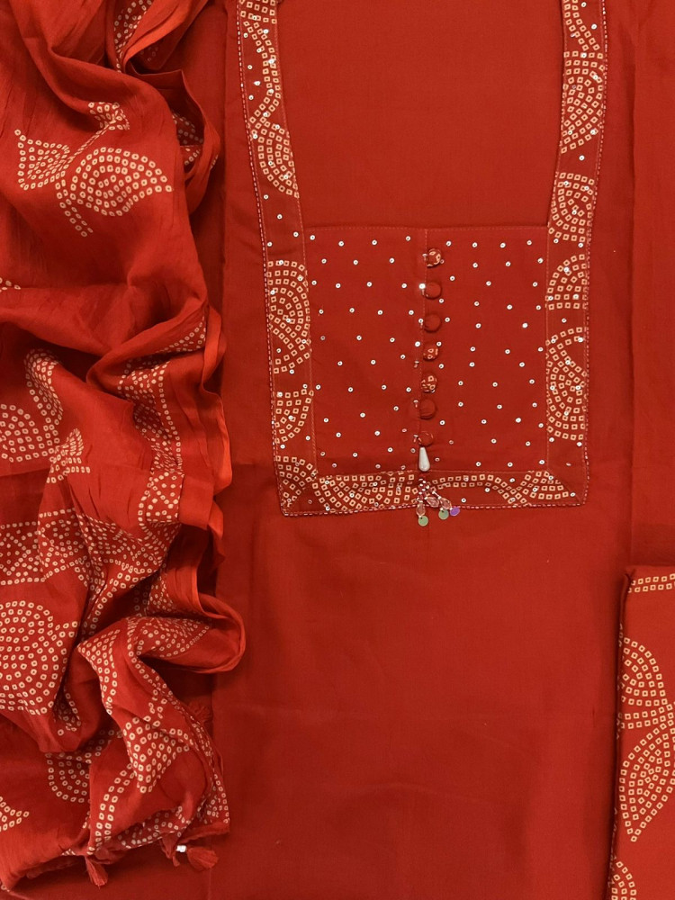 Image of Pure Cotton Printed Embroidered Suit - Orange