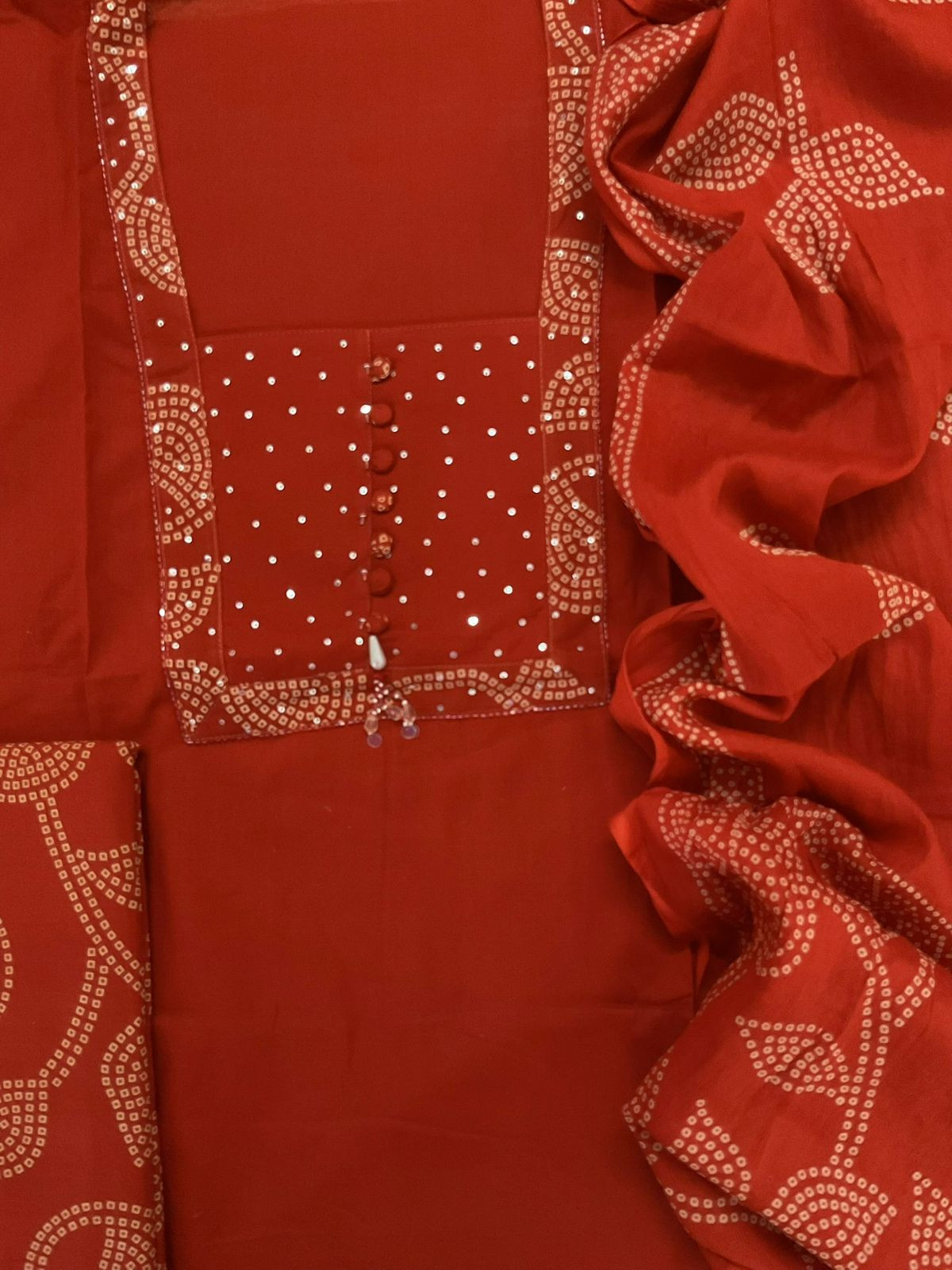 Pure Cotton Printed Embroidered Suit - Orange