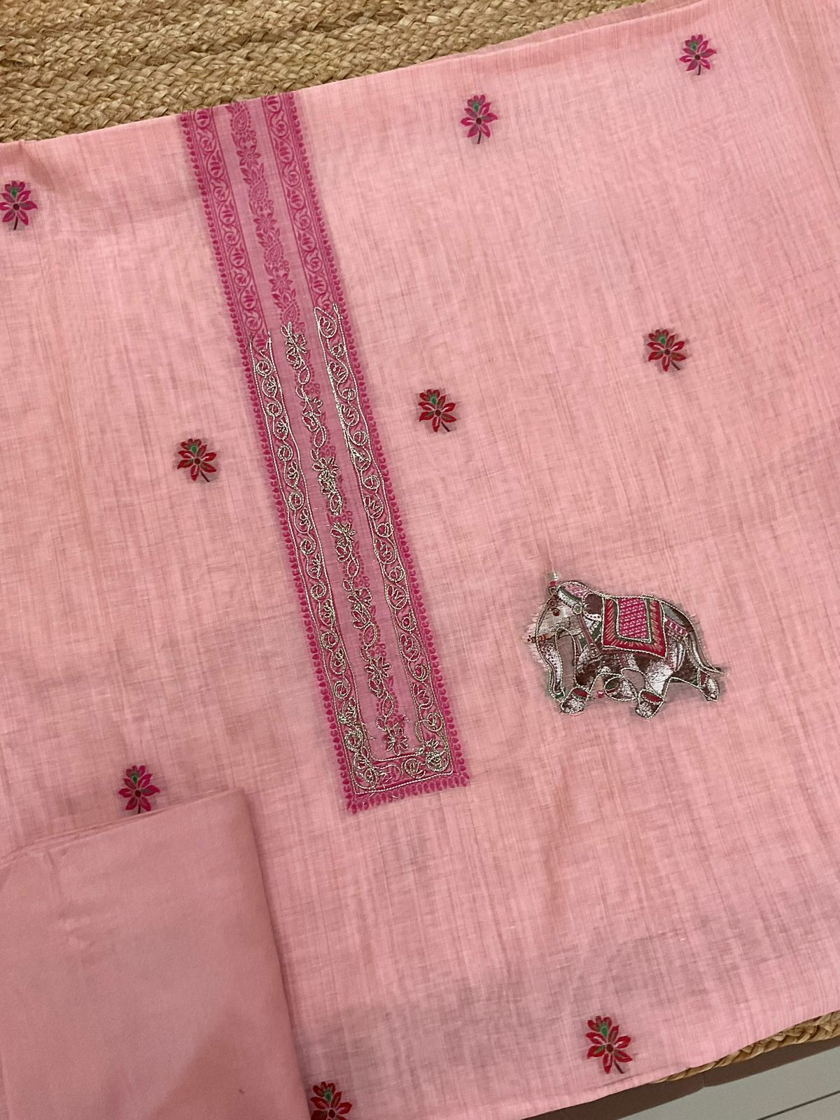 Pure Slub Chanderi Jamdani Weaved Embroidered Suit - Peach