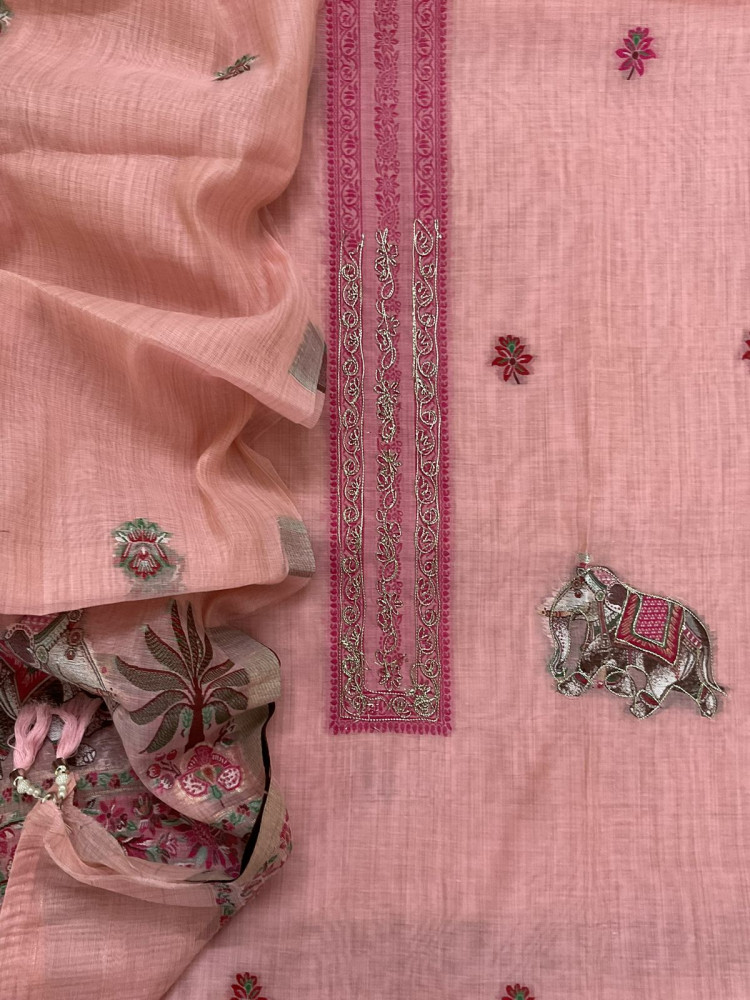 Image of Pure Slub Chanderi Jamdani Weaved Embroidered Suit - Peach