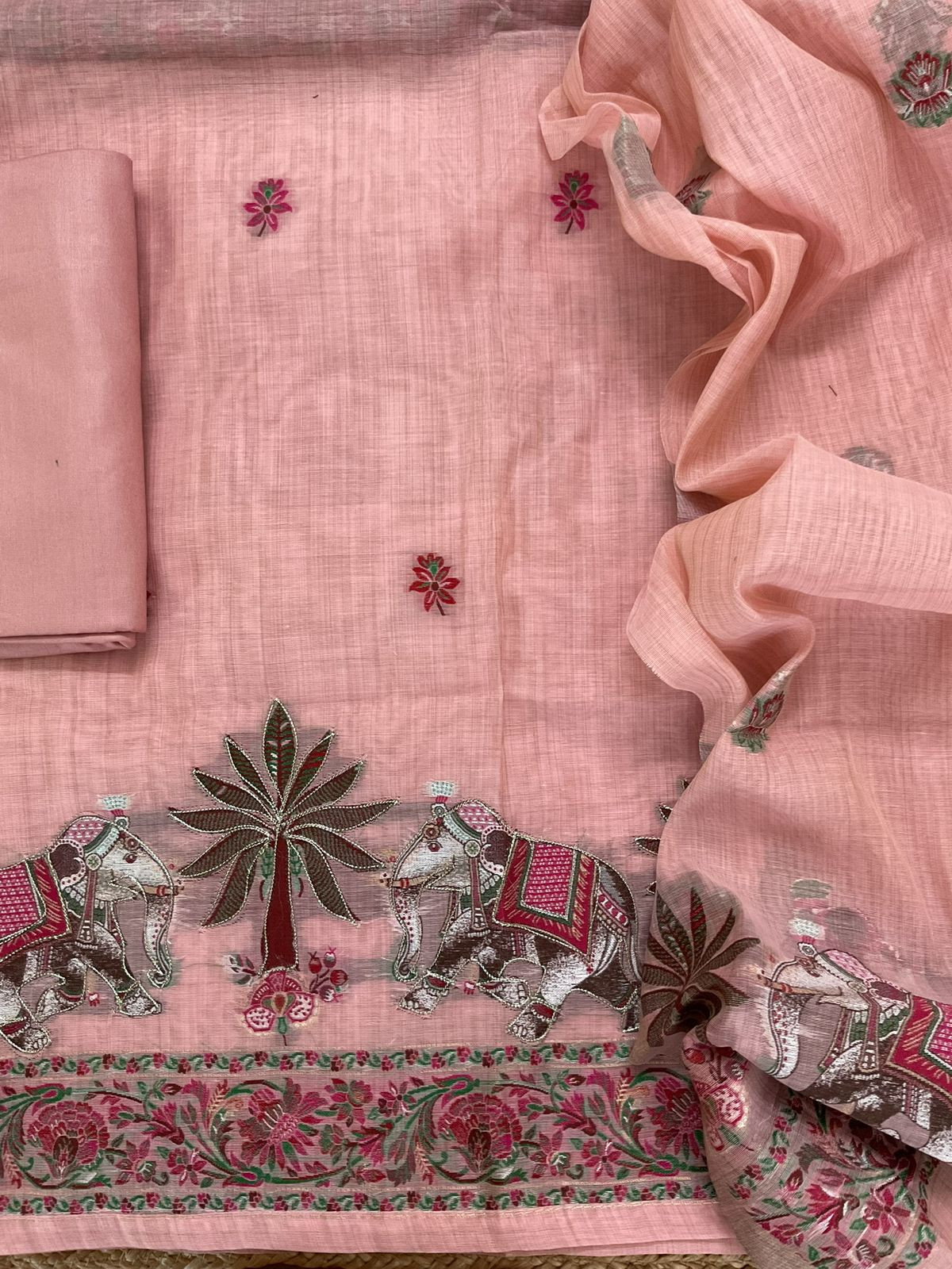 Pure Slub Chanderi Jamdani Weaved Embroidered Suit - Peach