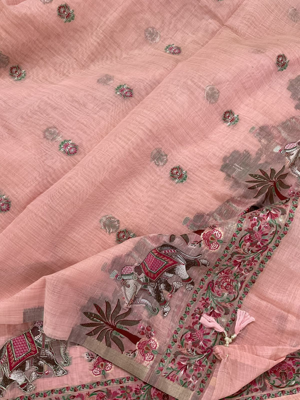 Pure Slub Chanderi Jamdani Weaved Embroidered Suit - Peach