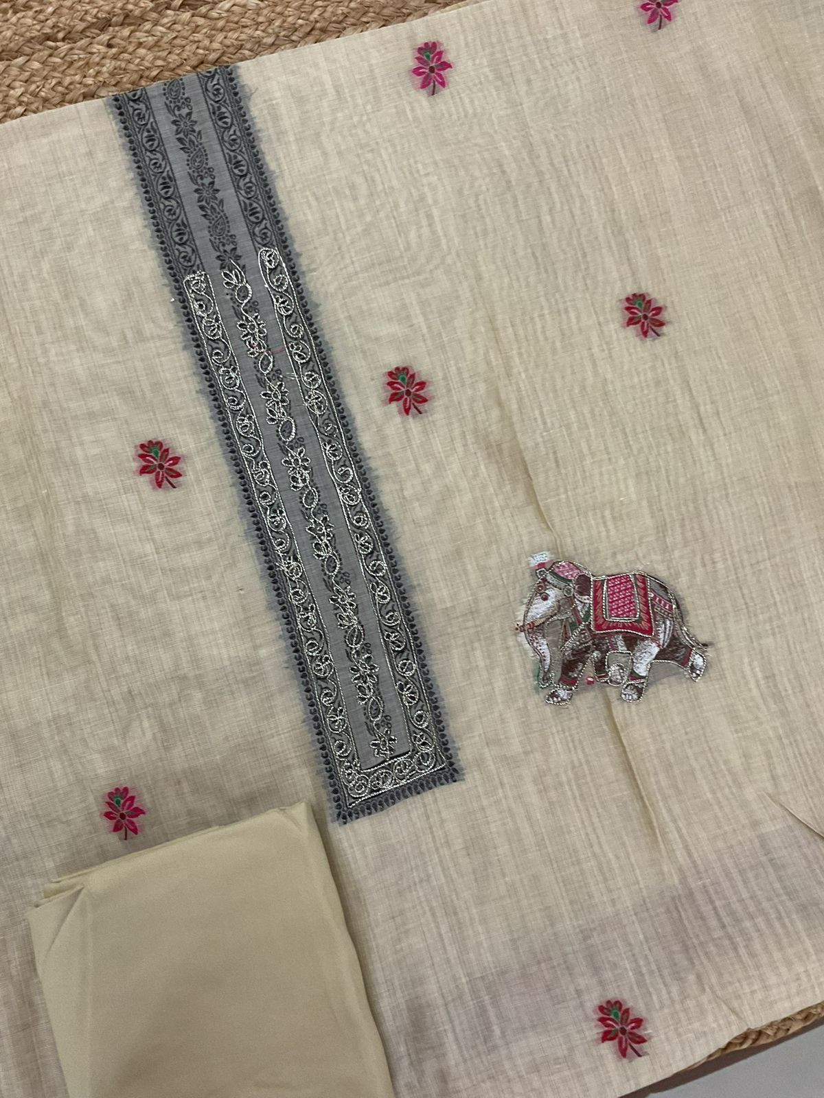 Pure Slub Chanderi Jamdani Weaved Embroidered Suit - Beige