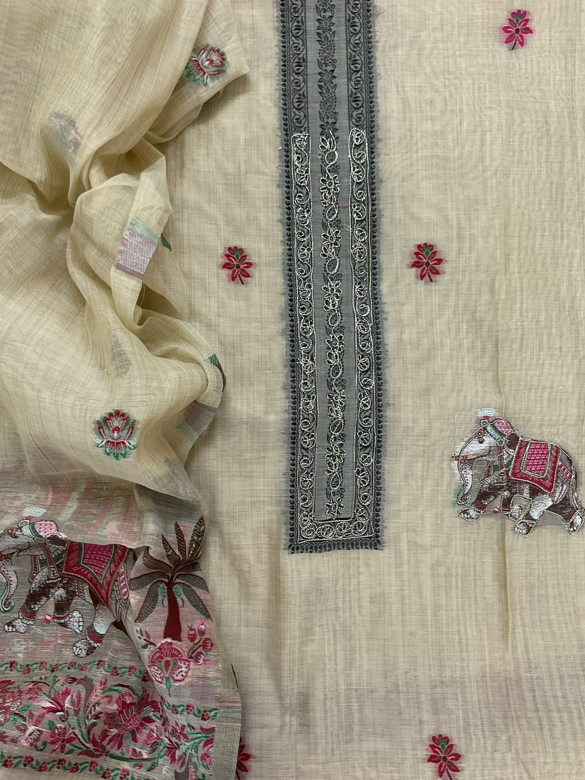 Pure Slub Chanderi Jamdani Weaved Embroidered Suit - Beige