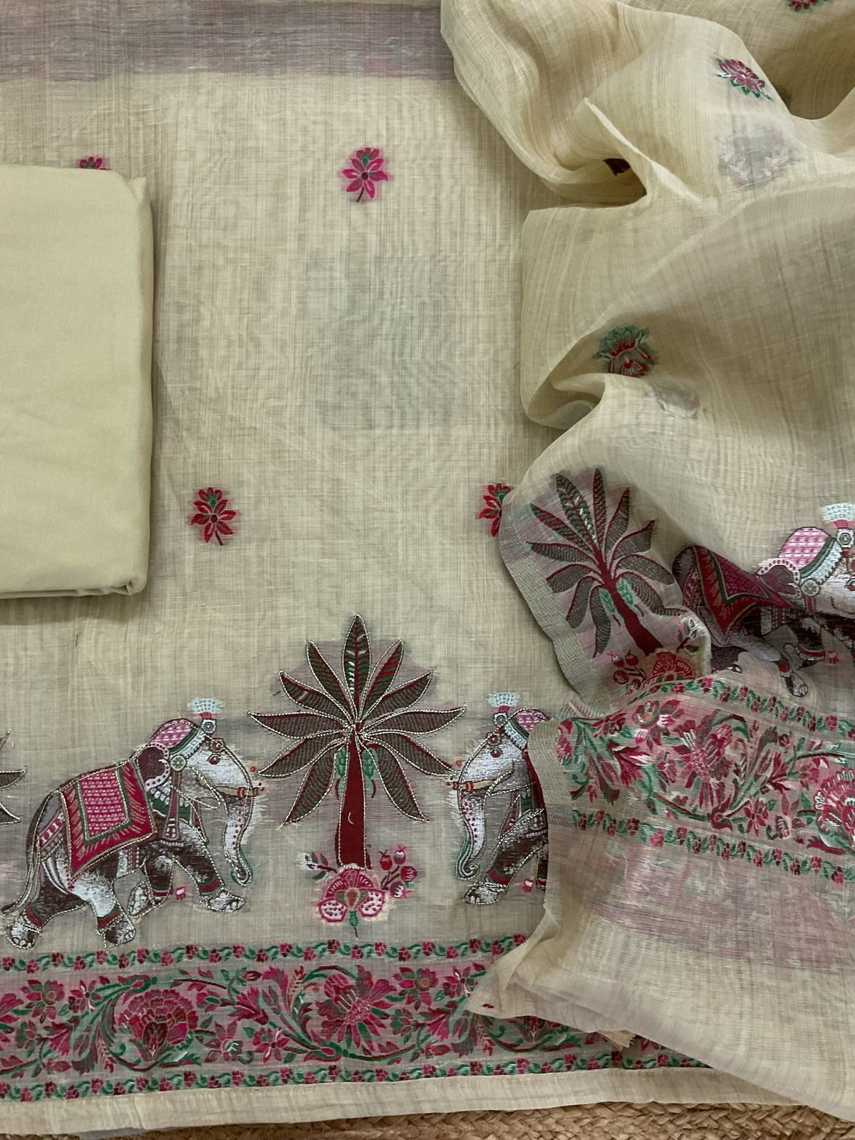 Pure Slub Chanderi Jamdani Weaved Embroidered Suit - Beige