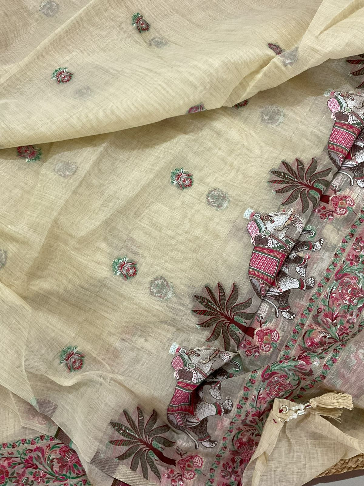 Pure Slub Chanderi Jamdani Weaved Embroidered Suit - Beige
