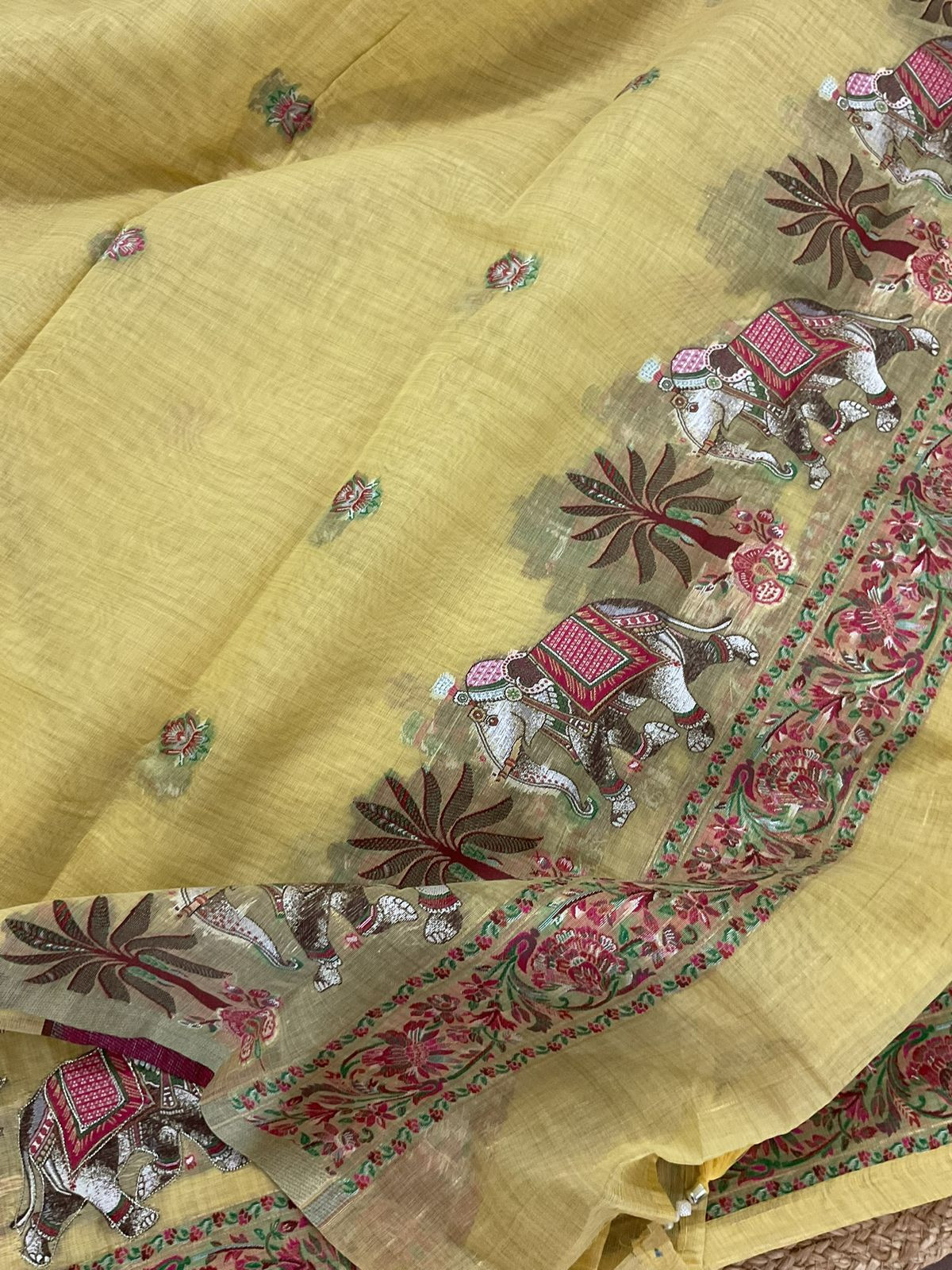 Pure Slub Chanderi Jamdani Weaved Embroidered Suit - Yellow