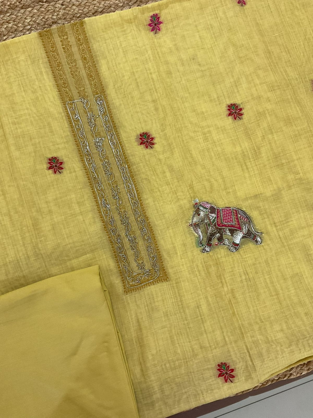 Pure Slub Chanderi Jamdani Weaved Embroidered Suit - Yellow