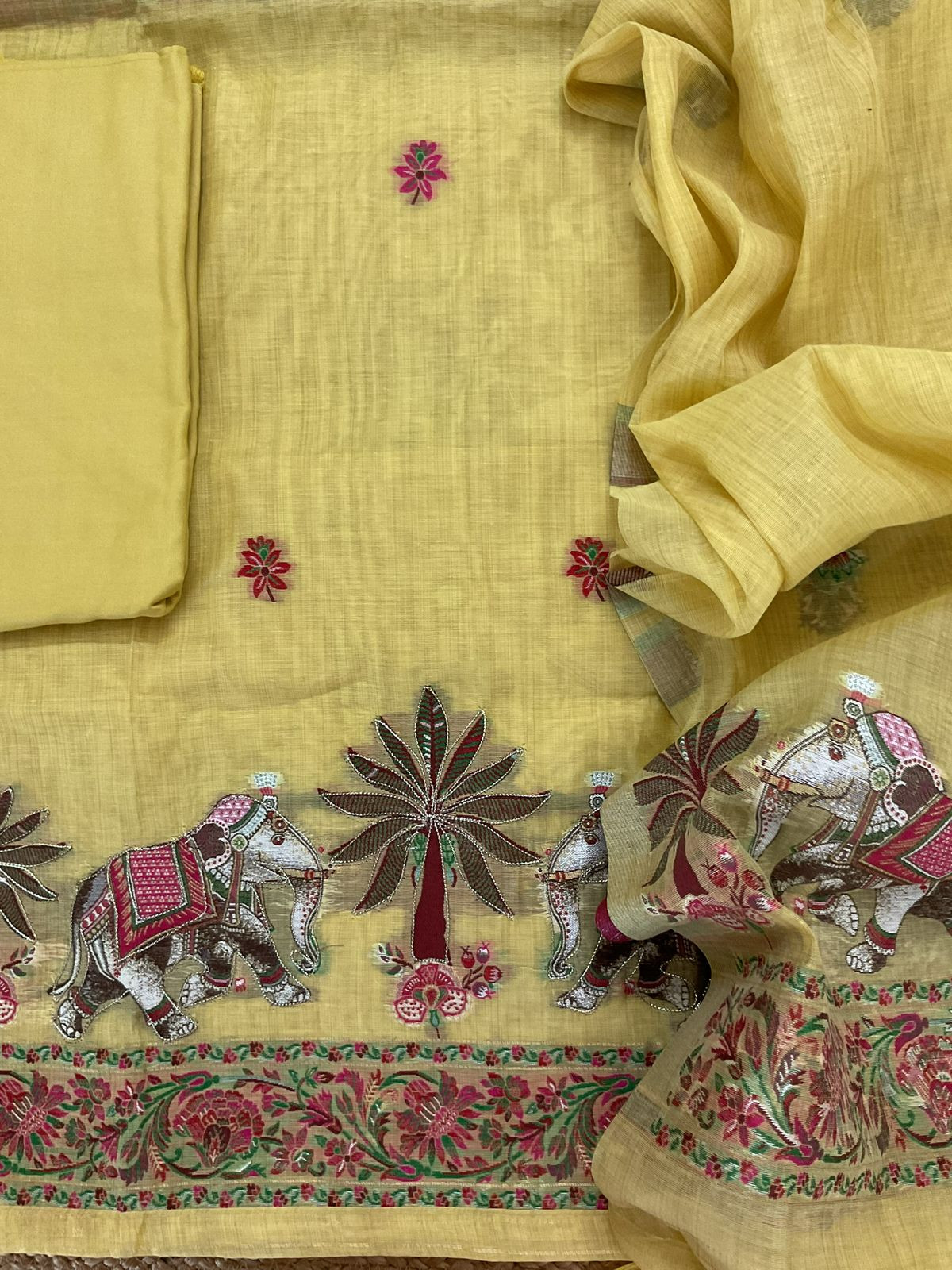 Pure Slub Chanderi Jamdani Weaved Embroidered Suit - Yellow
