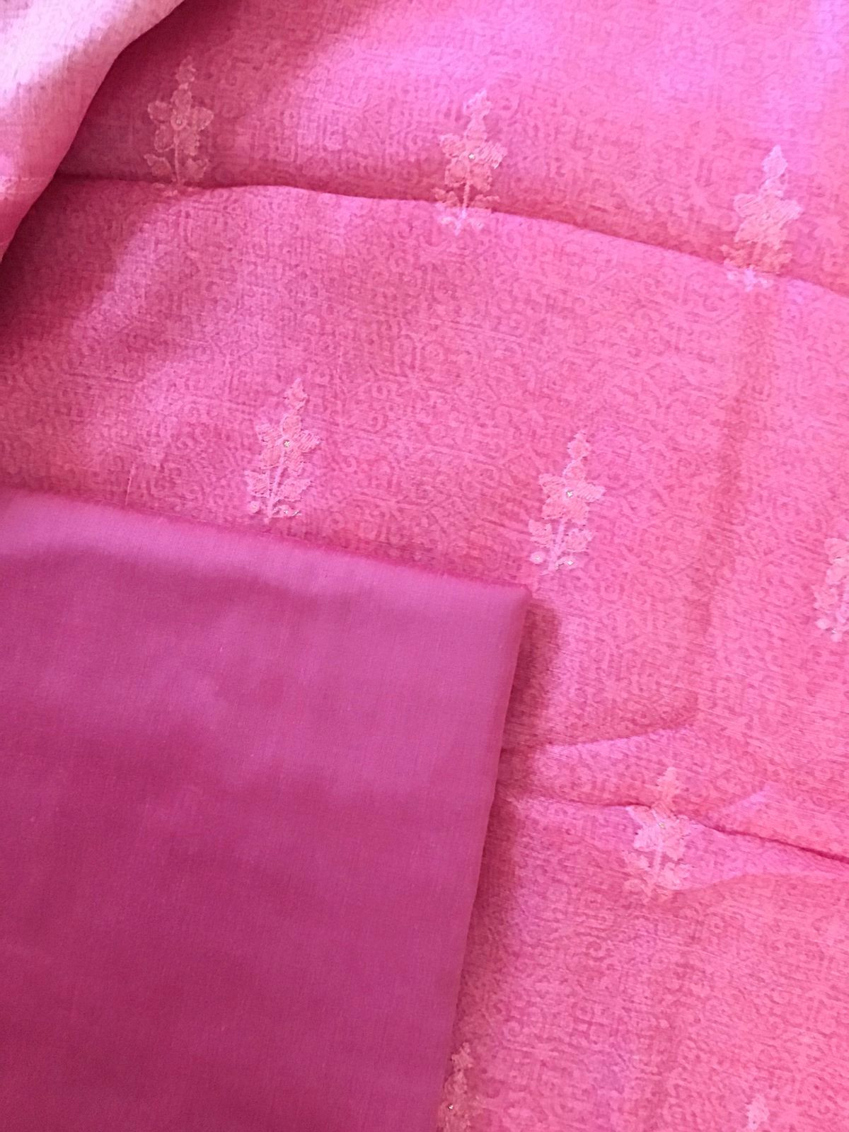 Soft Kora Chanderi Printed Embroidered Suit - Pink