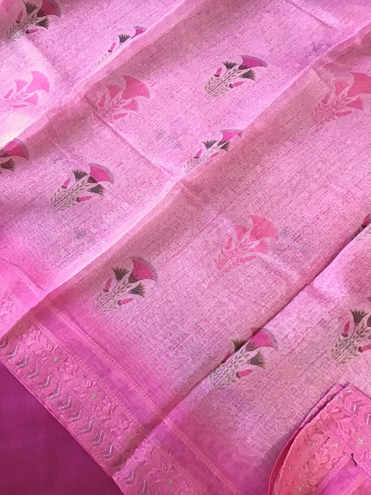 Soft Kora Chanderi Printed Embroidered Suit - Pink