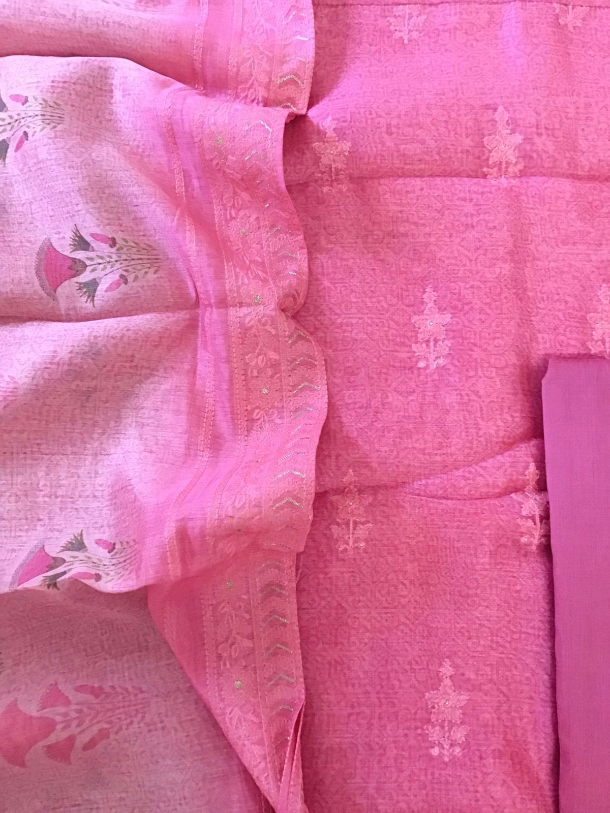 Soft Kora Chanderi Printed Embroidered Suit - Pink