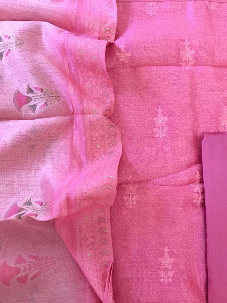 Image of Soft Kora Chanderi Printed Embroidered Suit - Pink