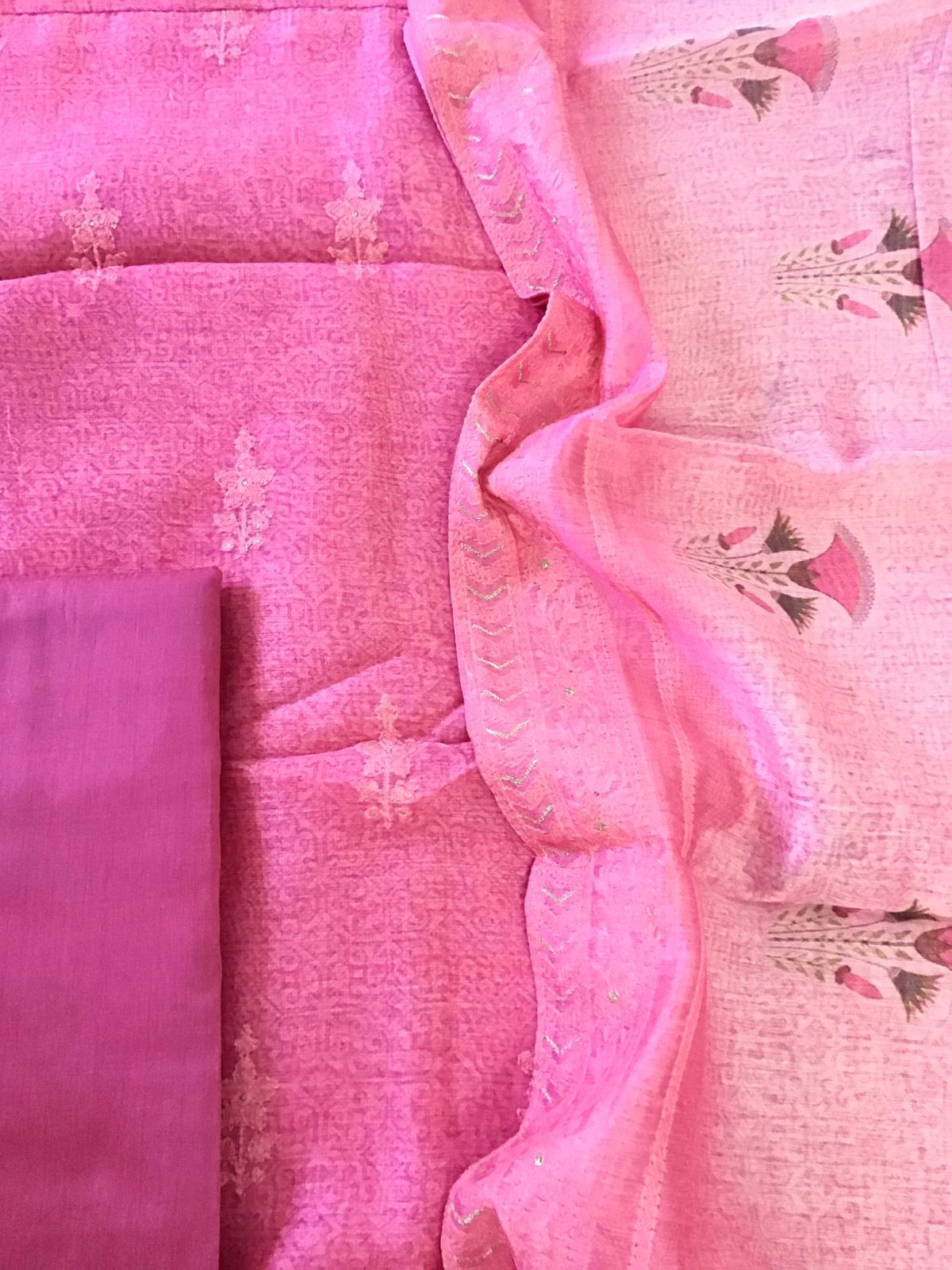 Soft Kora Chanderi Printed Embroidered Suit - Pink