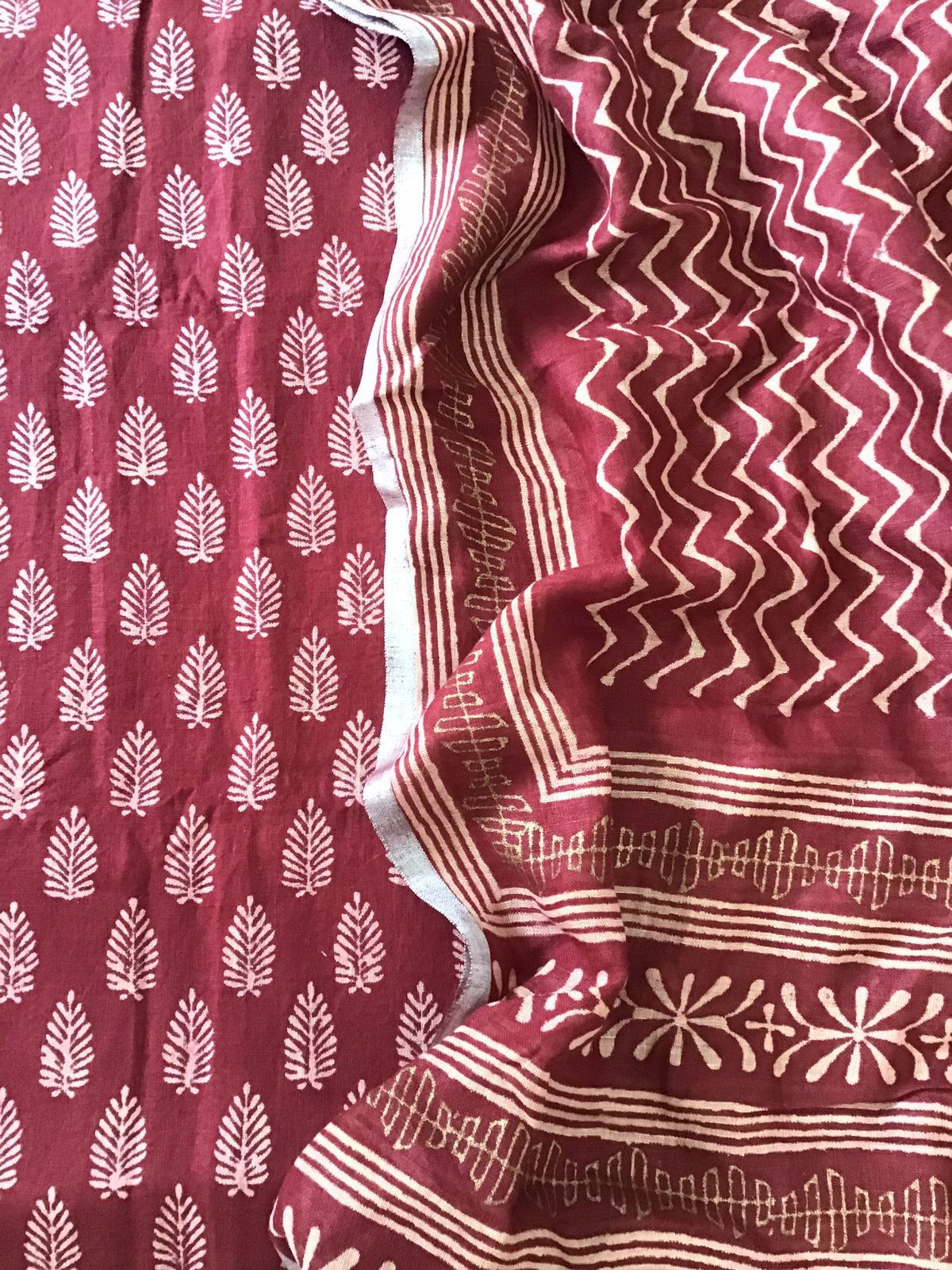 Pure Linen Jute Cotton Printed Suit - Maroon