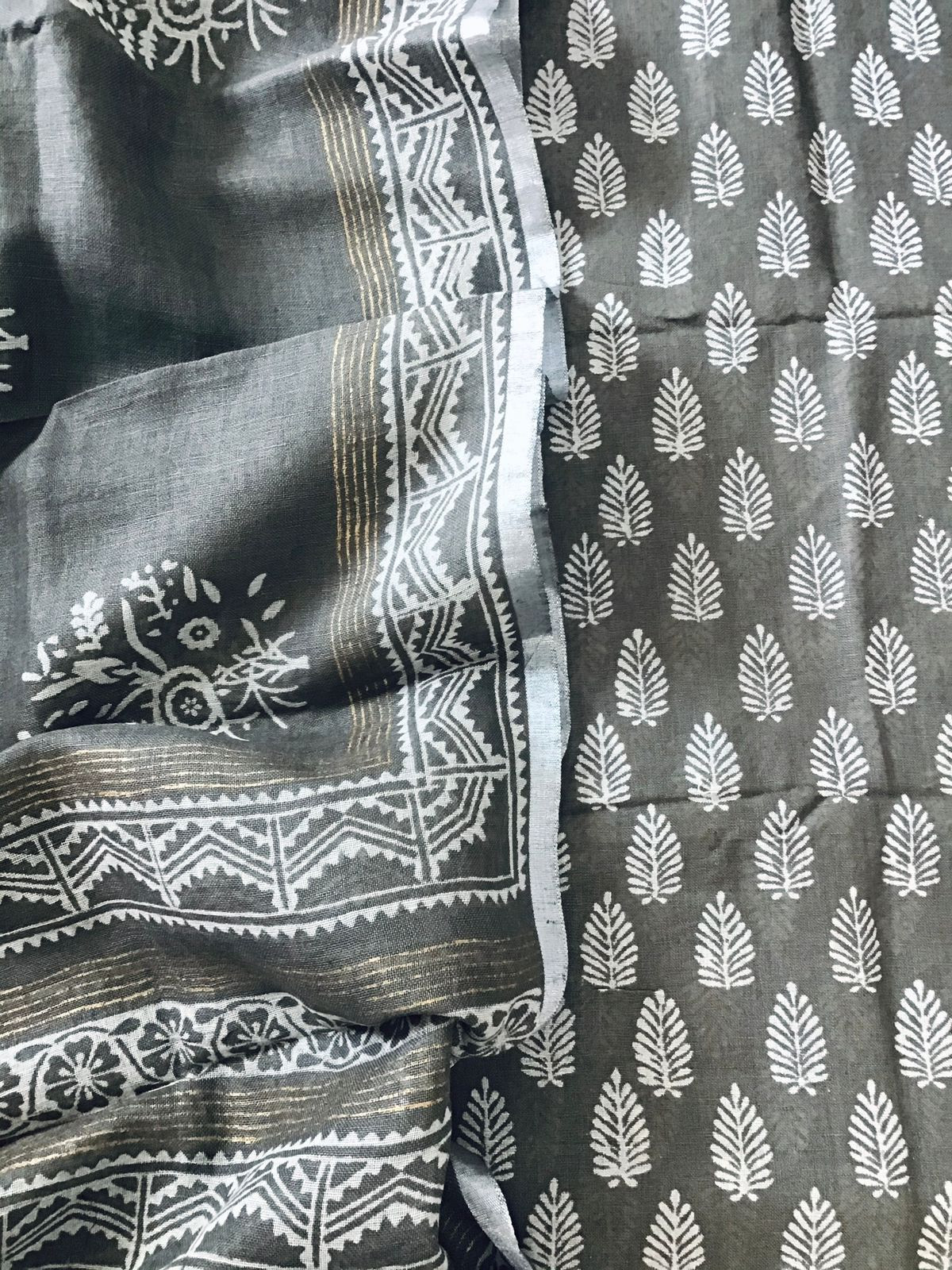 Pure Linen Jute Cotton Printed Suit - Grey