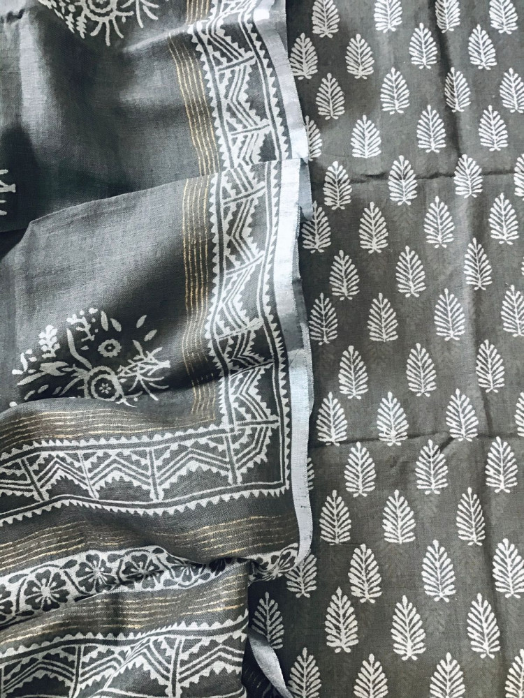 Image of Pure Linen Jute Cotton Printed Suit - Grey