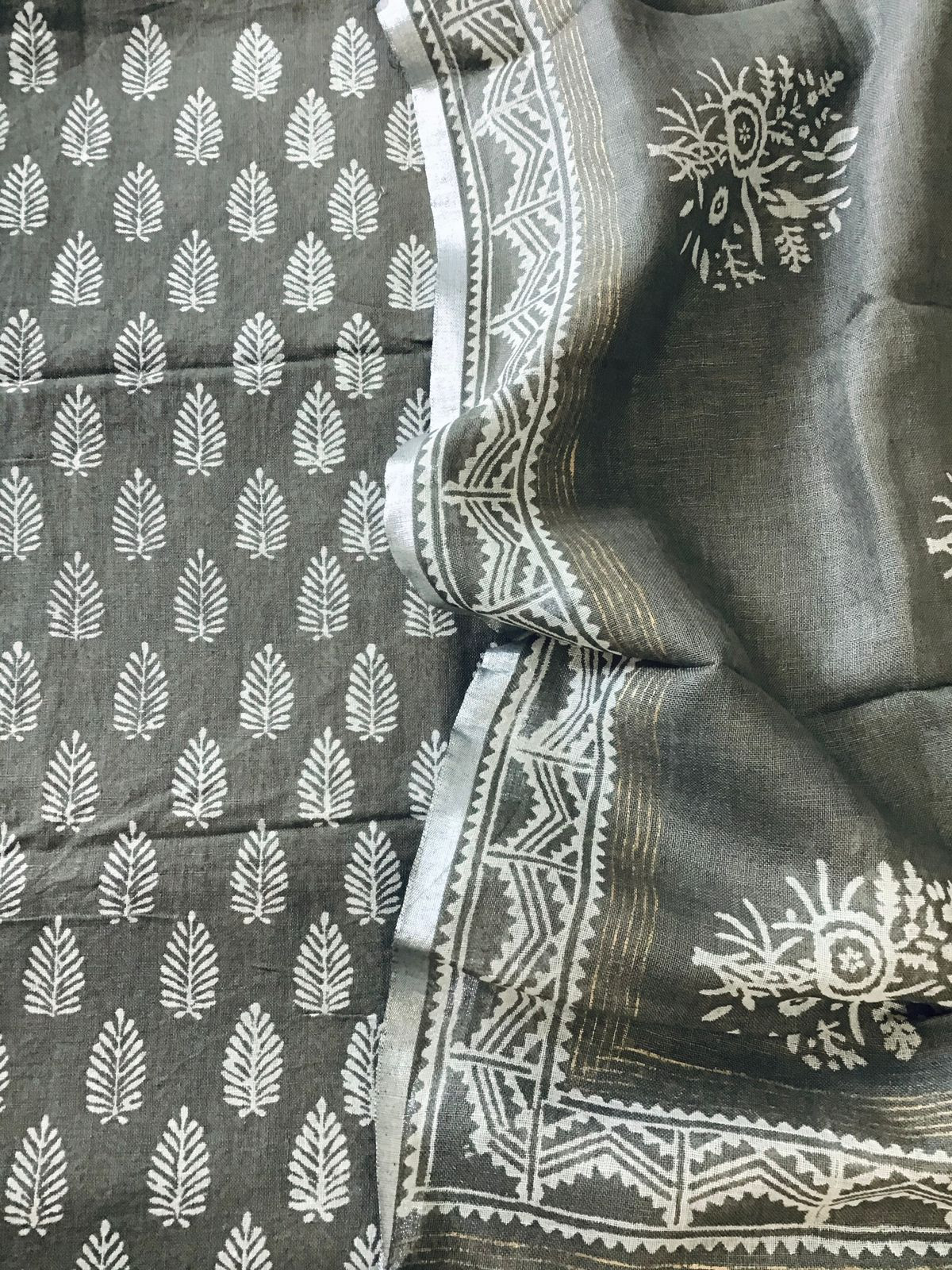 Pure Linen Jute Cotton Printed Suit - Grey