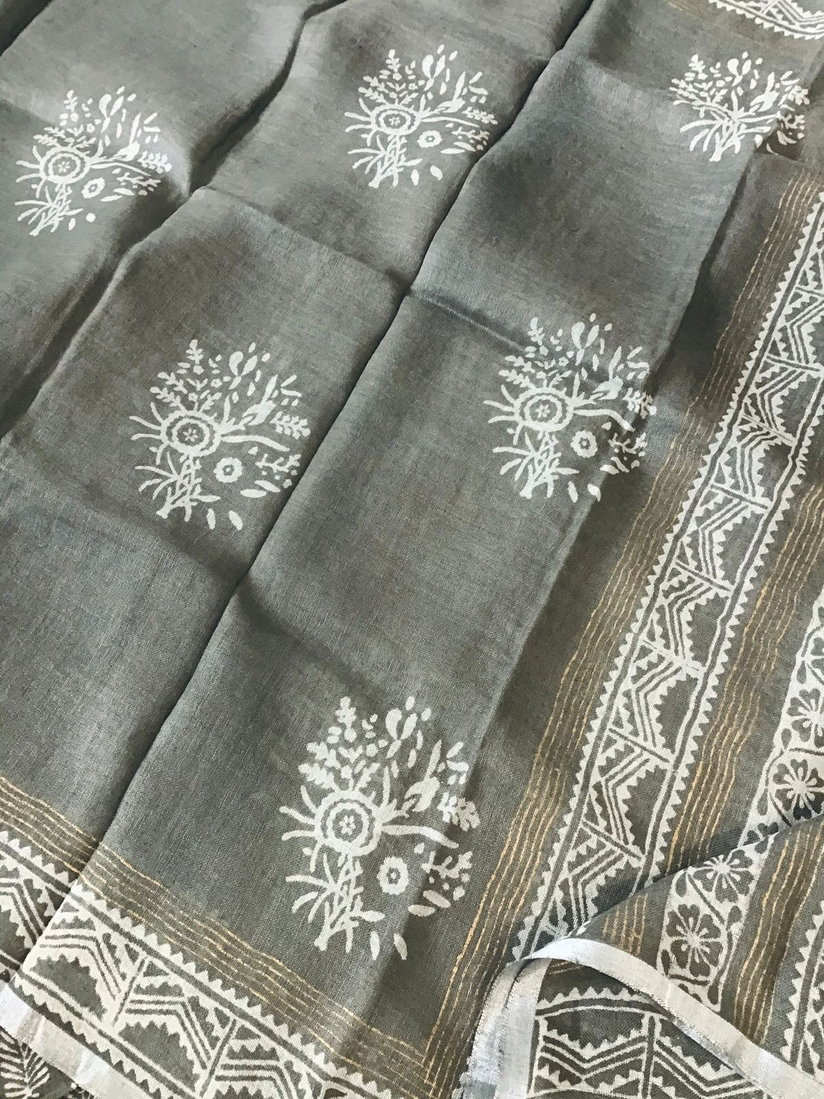 Pure Linen Jute Cotton Printed Suit - Grey