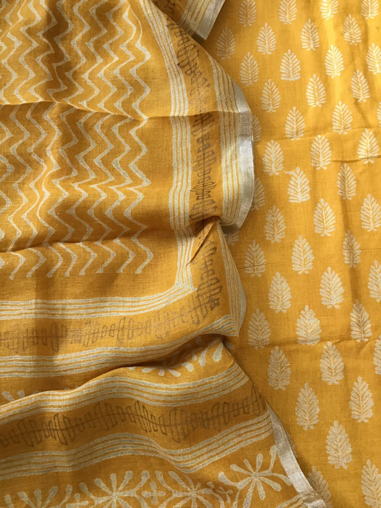 Image of Pure Linen Jute Cotton Printed Suit - Yellow