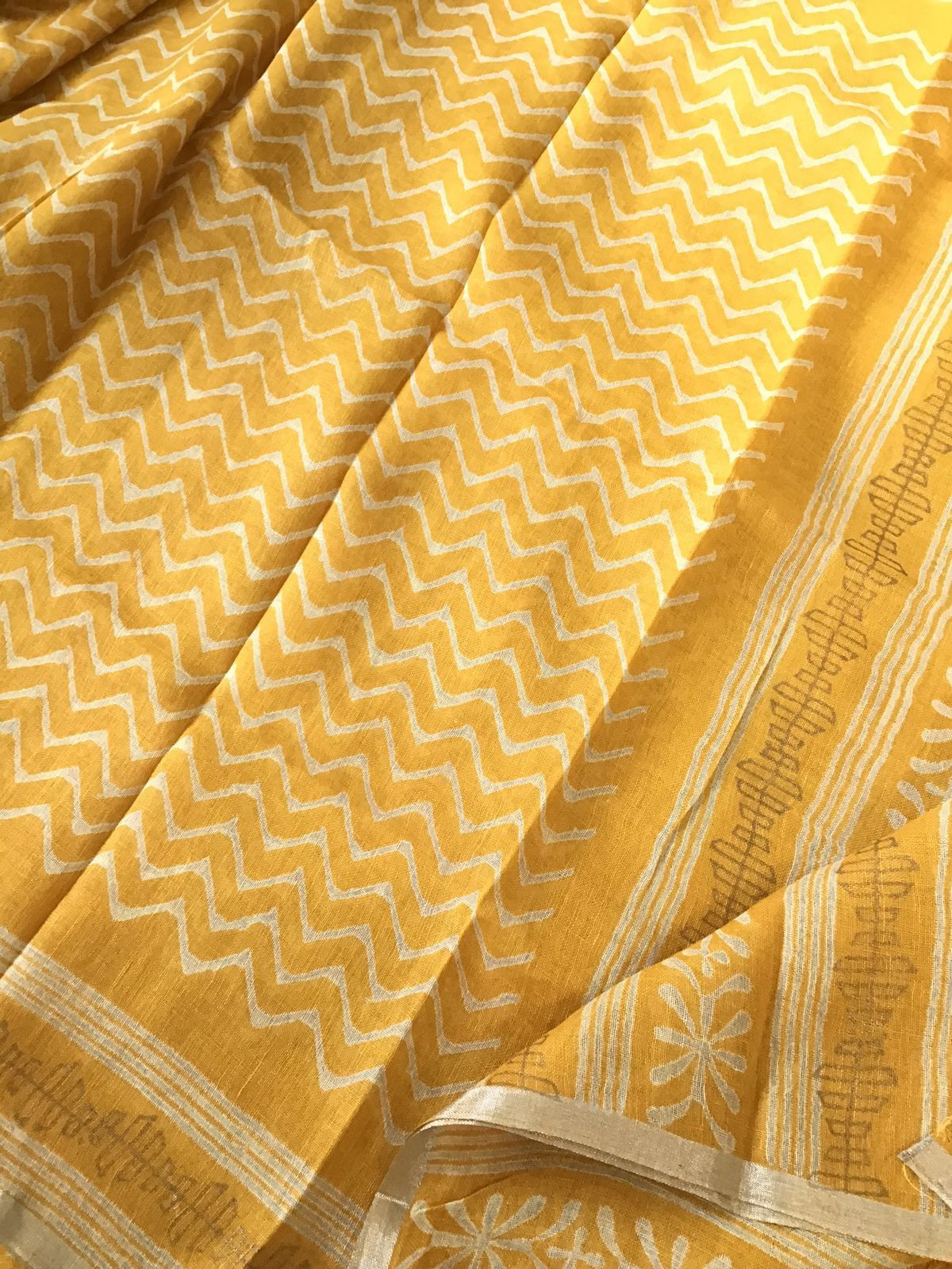 Pure Linen Jute Cotton Printed Suit - Yellow
