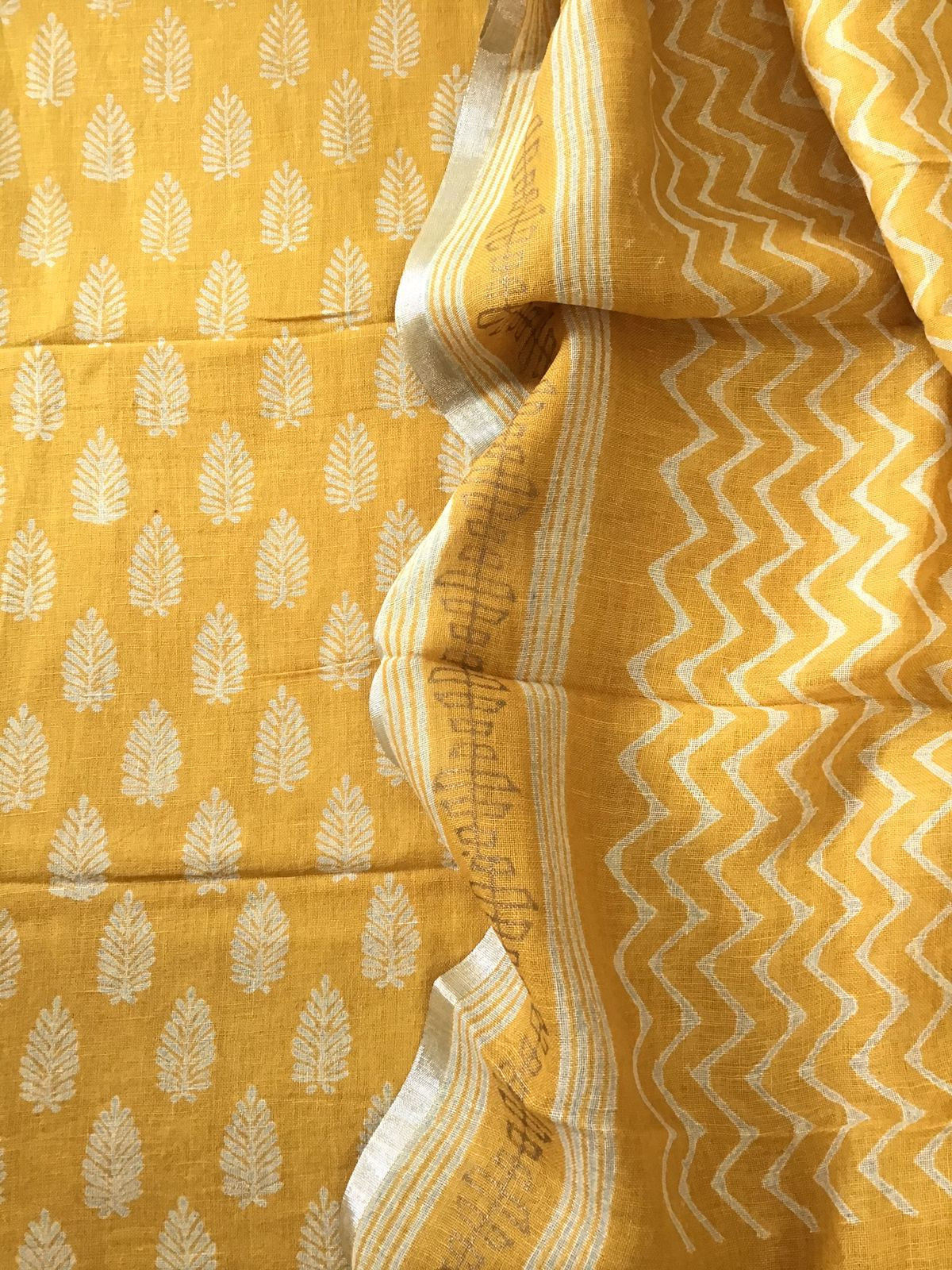 Pure Linen Jute Cotton Printed Suit - Yellow