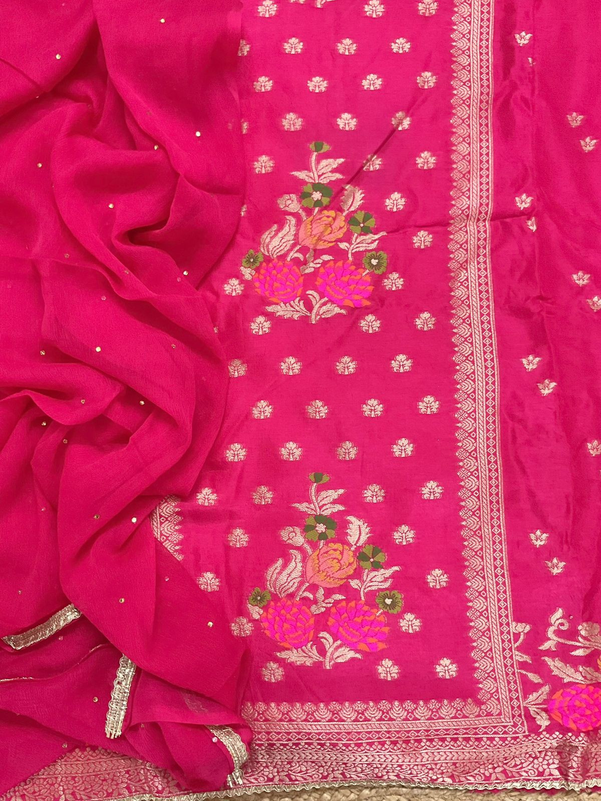 Soft Dola Silk Banarasi Weaved Embroidered Suit - Pink