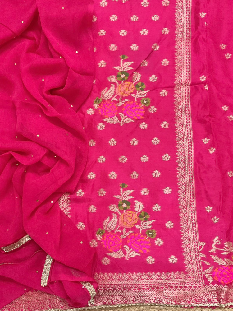 Image of Soft Dola Silk Banarasi Weaved Embroidered Suit - Pink