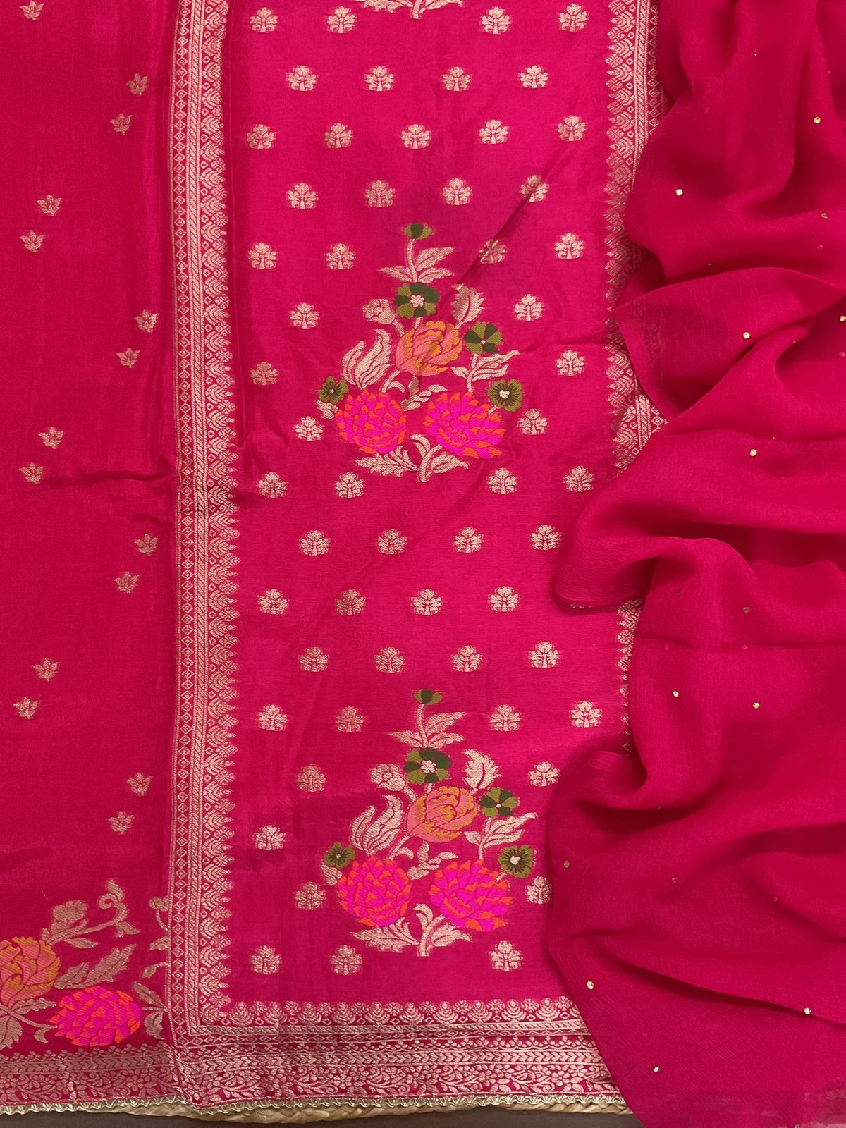 Soft Dola Silk Banarasi Weaved Embroidered Suit - Pink