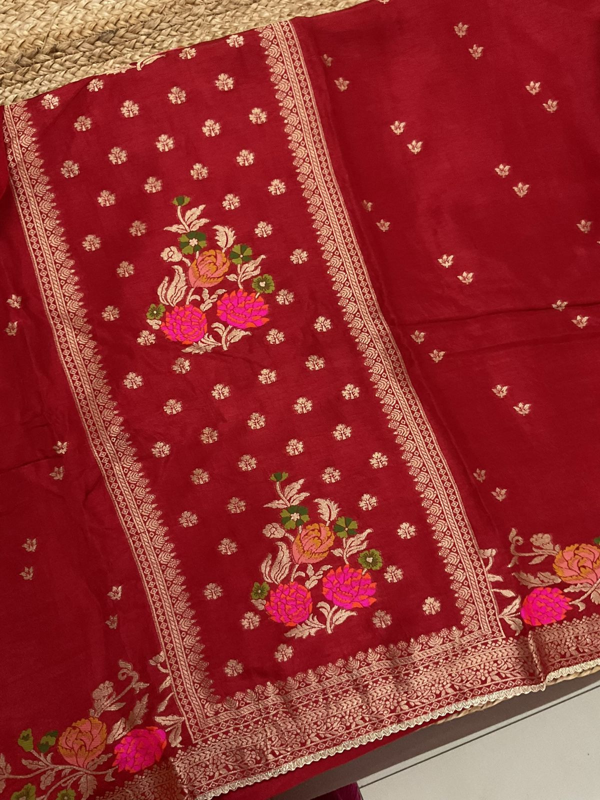 Soft Dola Silk Banarasi Weaved Embroidered Suit - Rustic Red