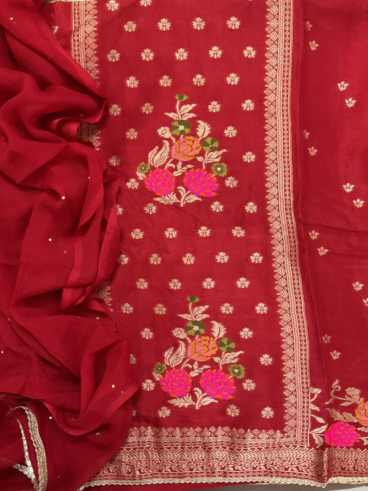 Soft Dola Silk Banarasi Weaved Embroidered Suit - Rustic Red