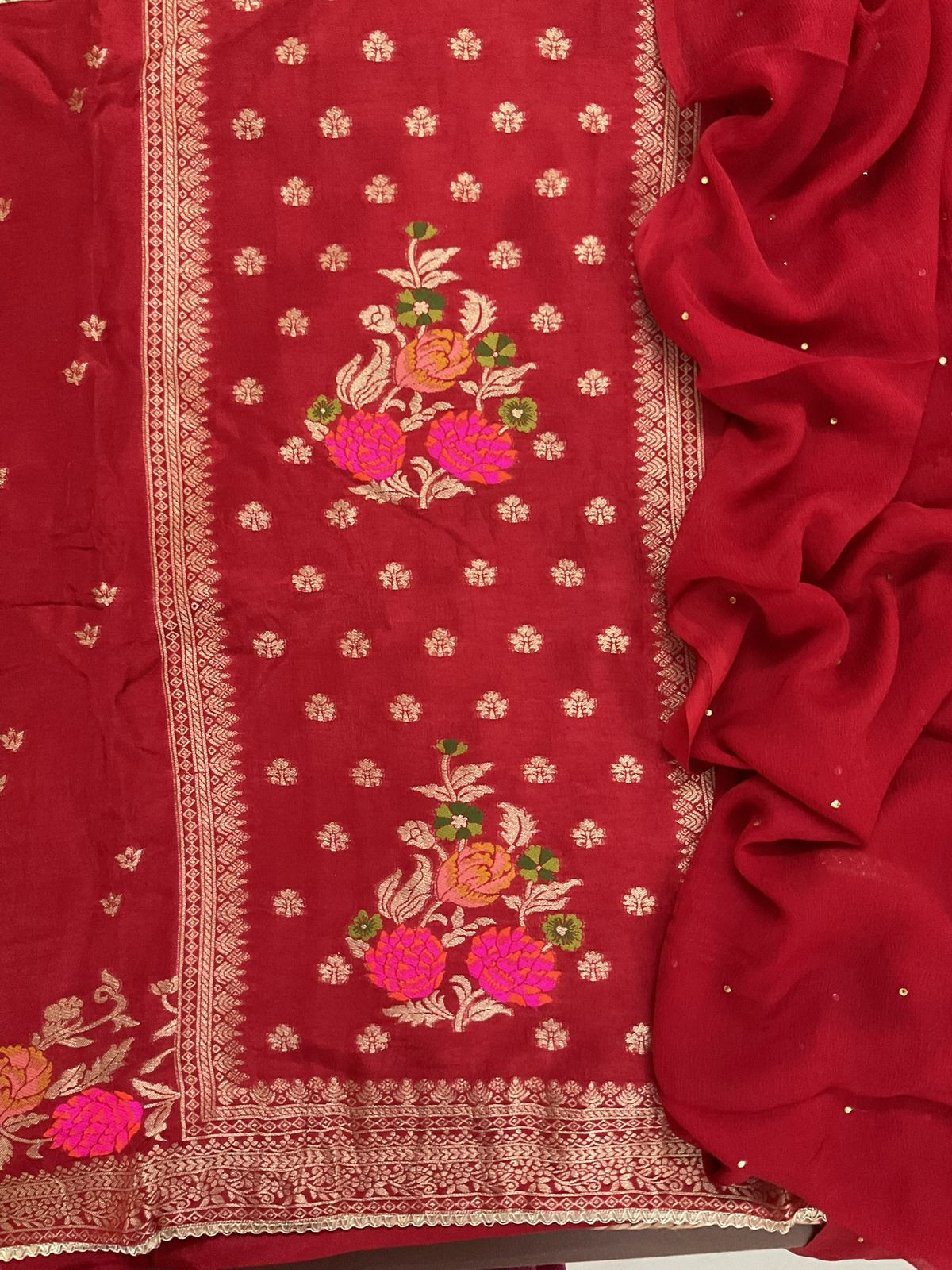 Soft Dola Silk Banarasi Weaved Embroidered Suit - Rustic Red