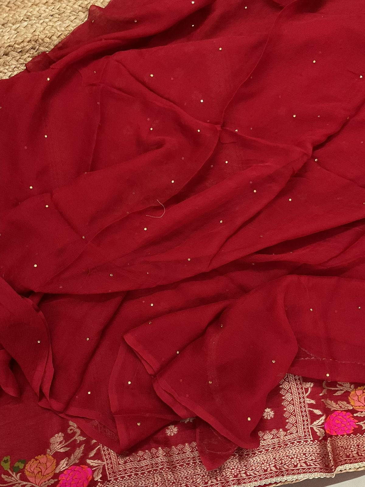 Soft Dola Silk Banarasi Weaved Embroidered Suit - Rustic Red