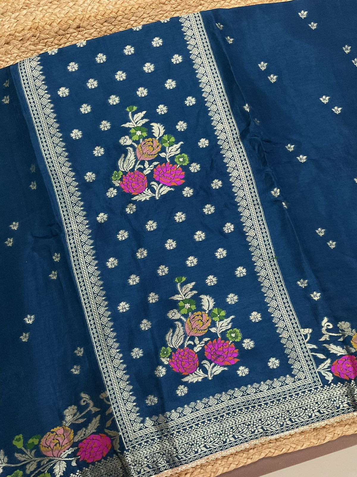 Soft Dola Silk Banarasi Weaved Embroidered Suit - Blue