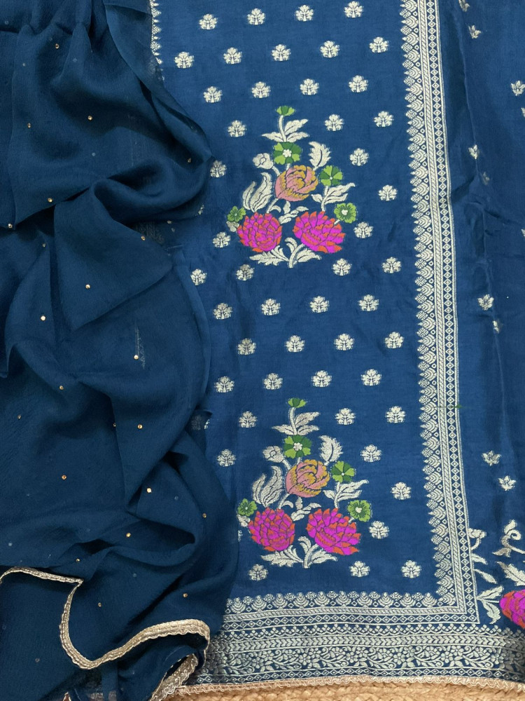 Image of Soft Dola Silk Banarasi Weaved Embroidered Suit - Blue