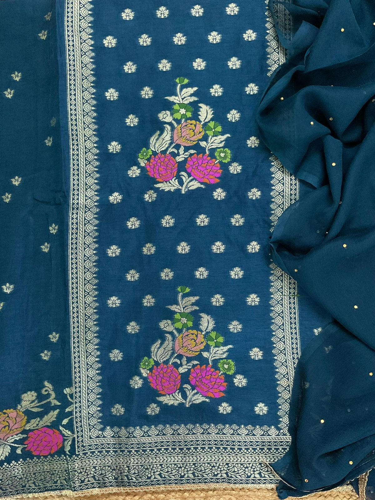 Soft Dola Silk Banarasi Weaved Embroidered Suit - Blue