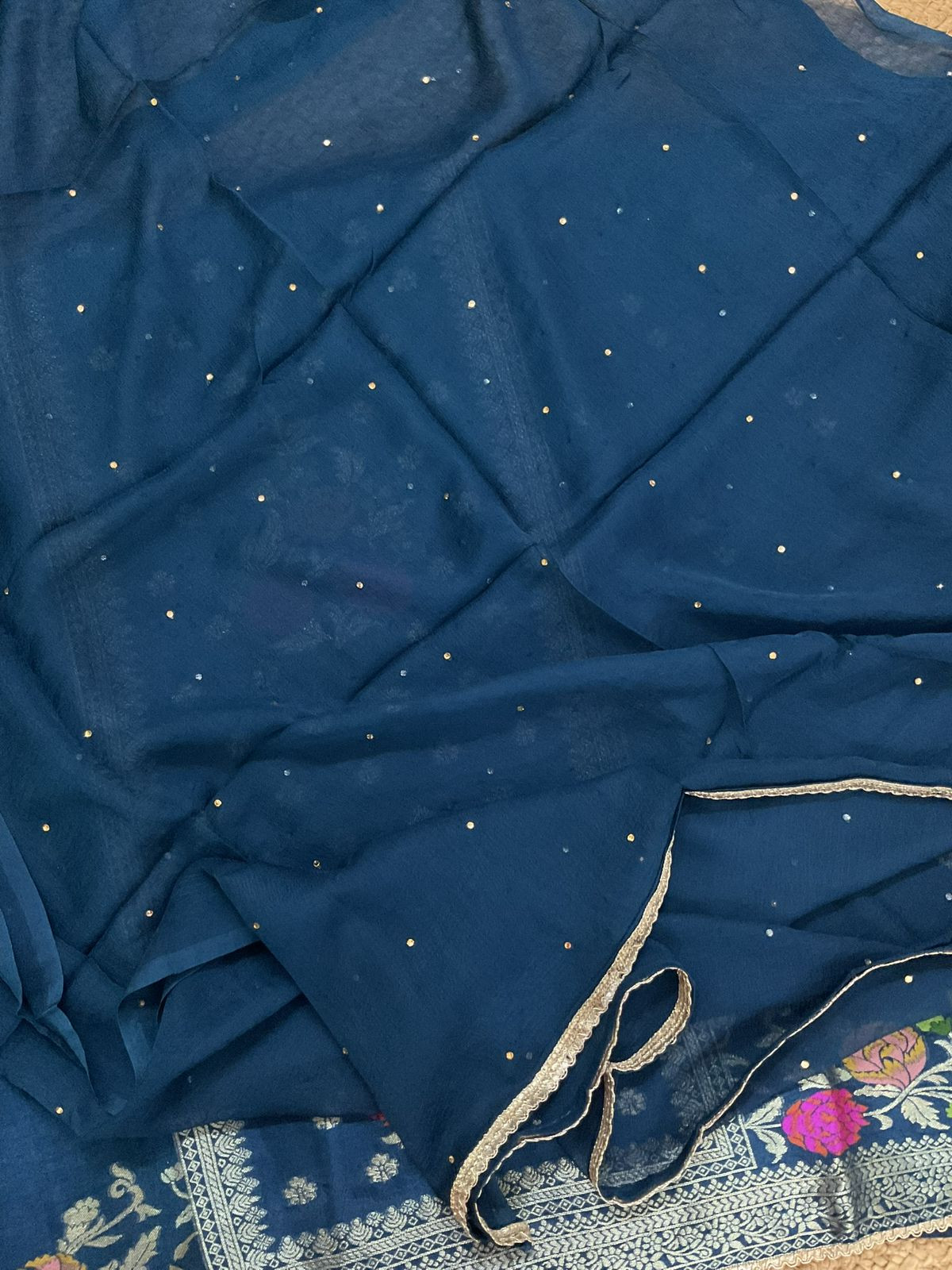 Soft Dola Silk Banarasi Weaved Embroidered Suit - Blue