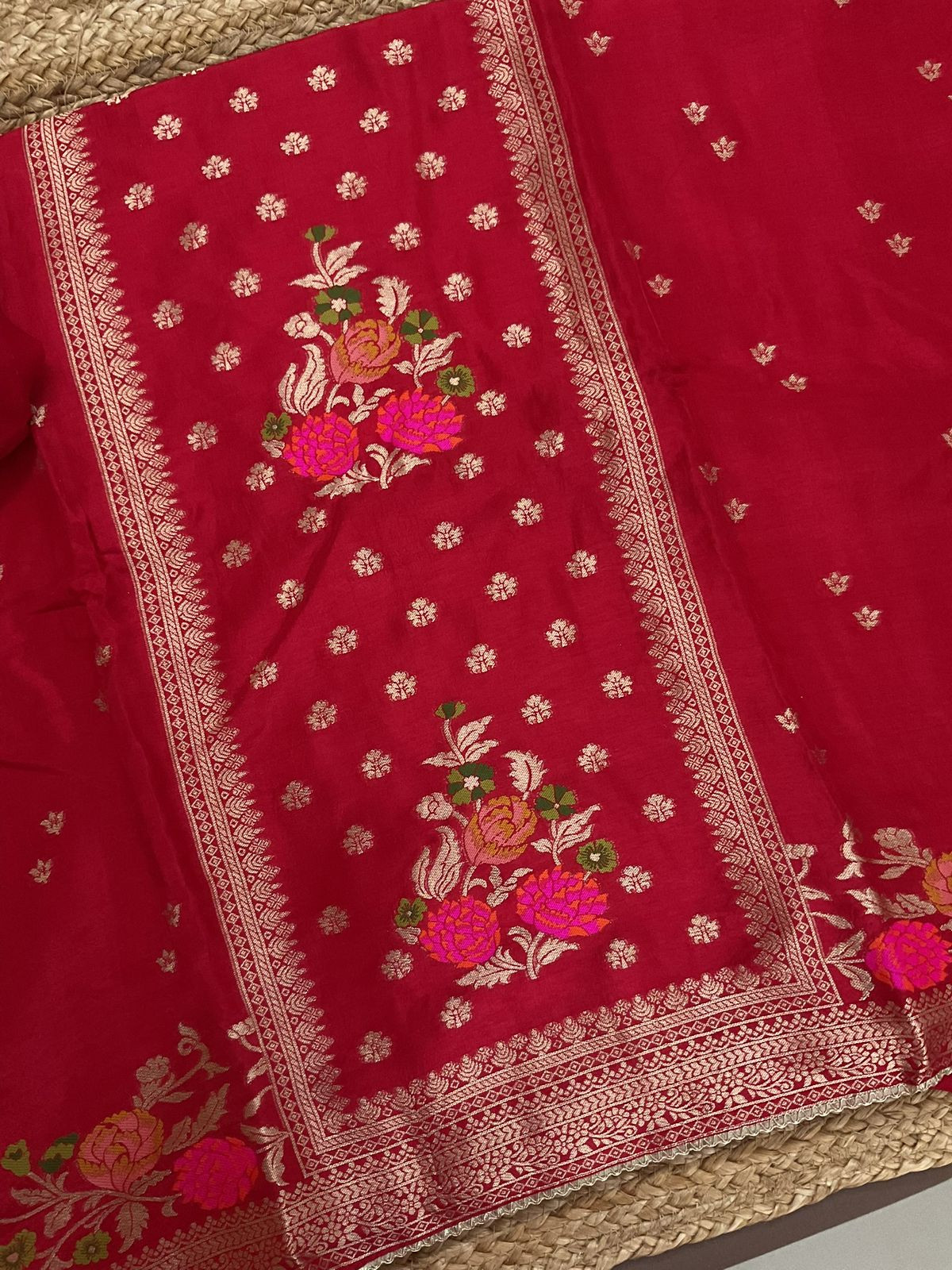 Soft Dola Silk Banarasi Weaved Embroidered Suit - Red