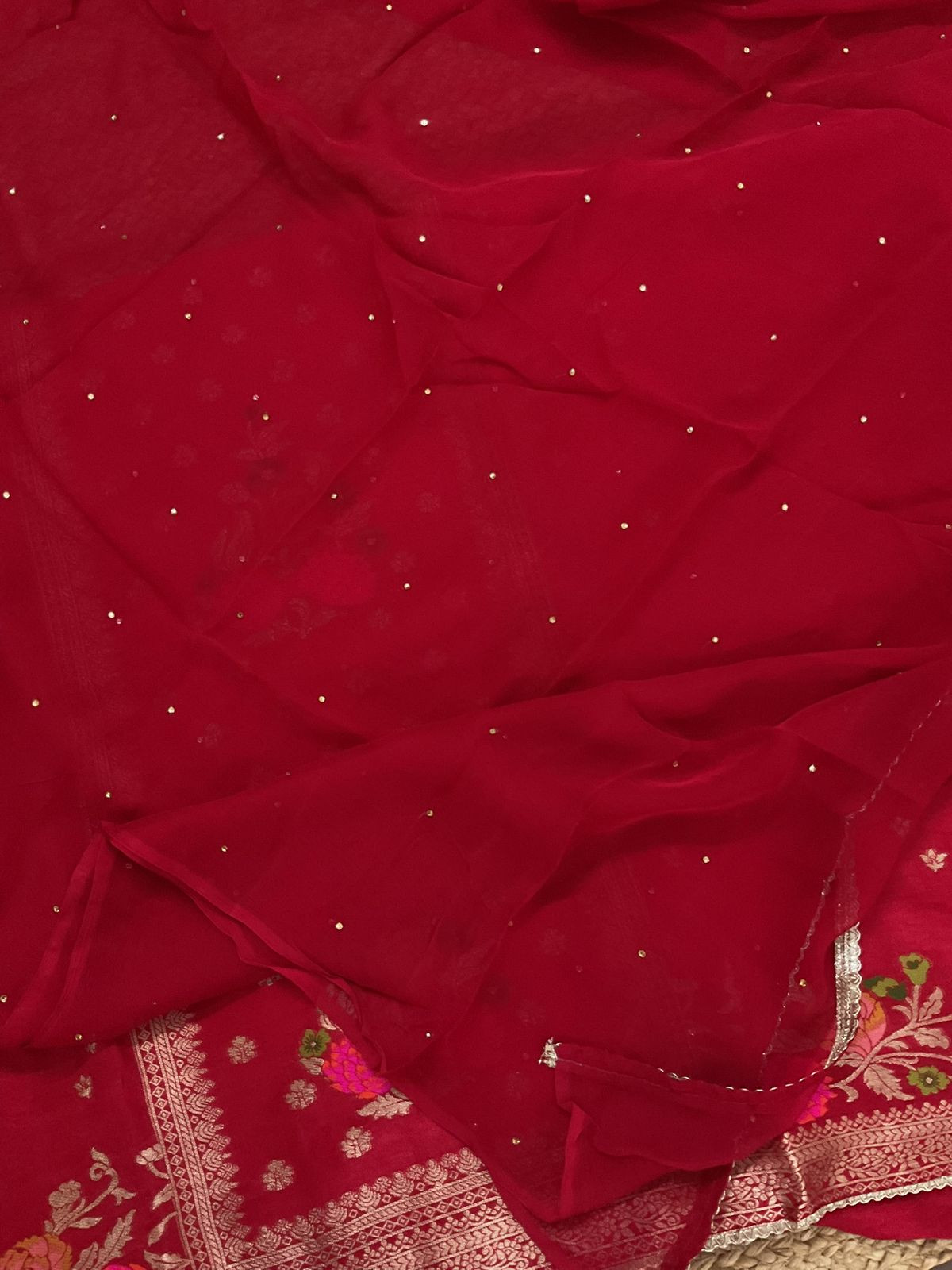 Soft Dola Silk Banarasi Weaved Embroidered Suit - Red