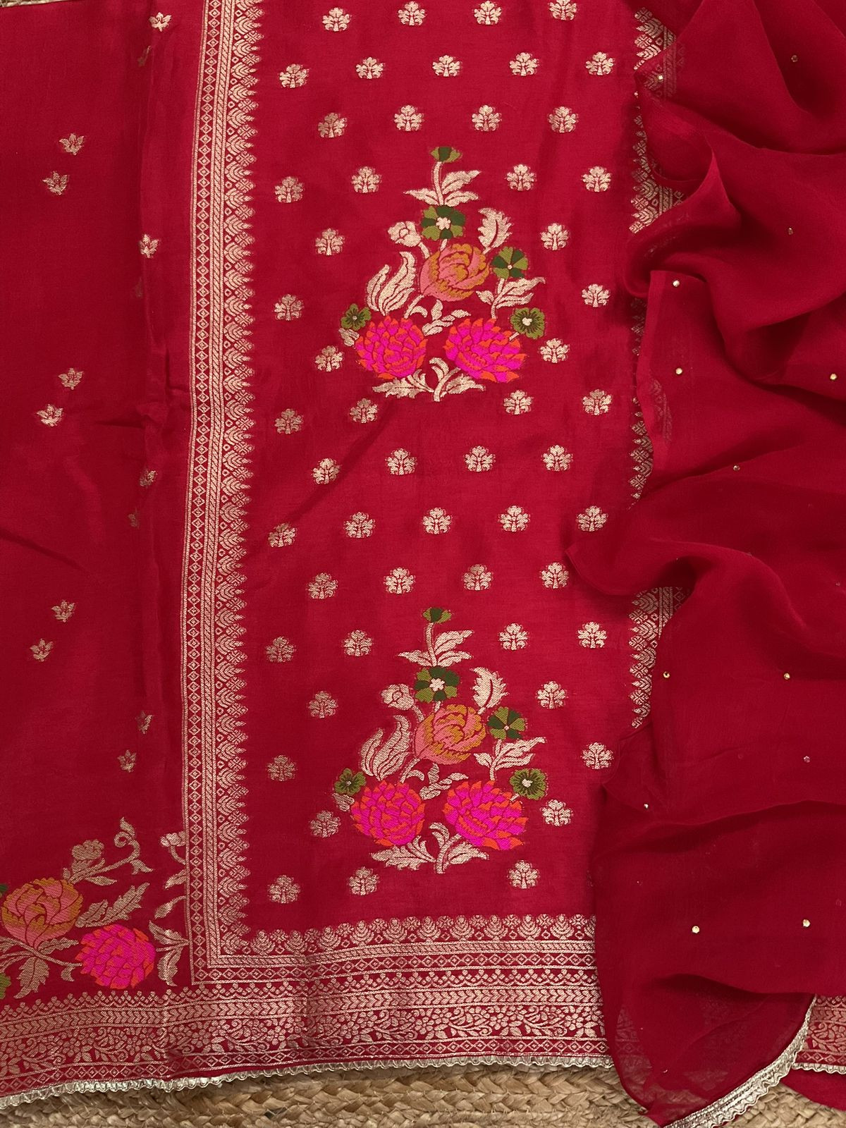 Soft Dola Silk Banarasi Weaved Embroidered Suit - Red