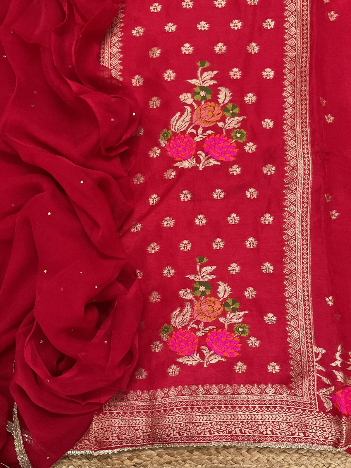 Soft Dola Silk Banarasi Weaved Embroidered Suit - Red
